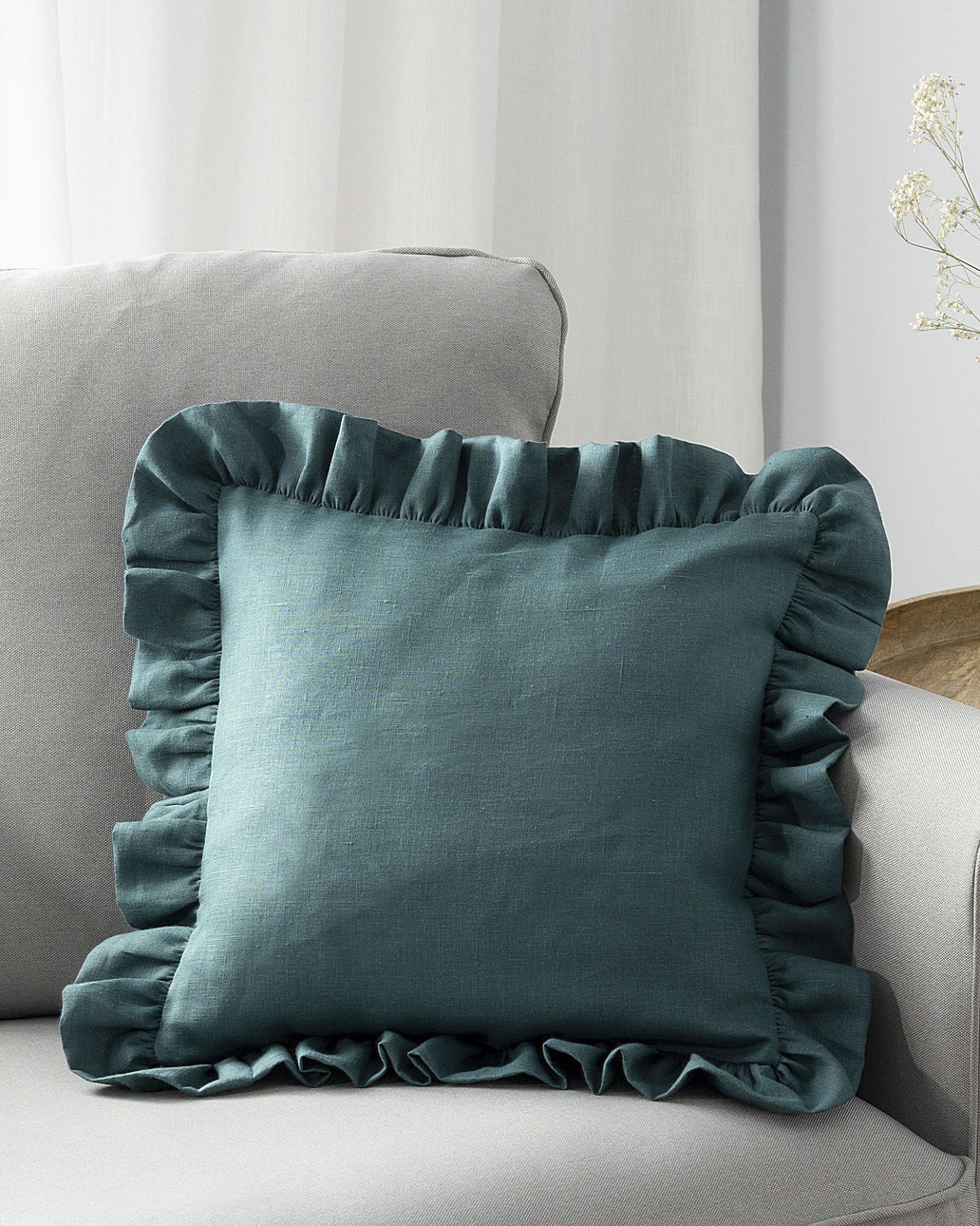 Kissenhülle Charlotte 45x45 cm mit Rüsche Farbe grün Stoff halbtransparent, strukturiert