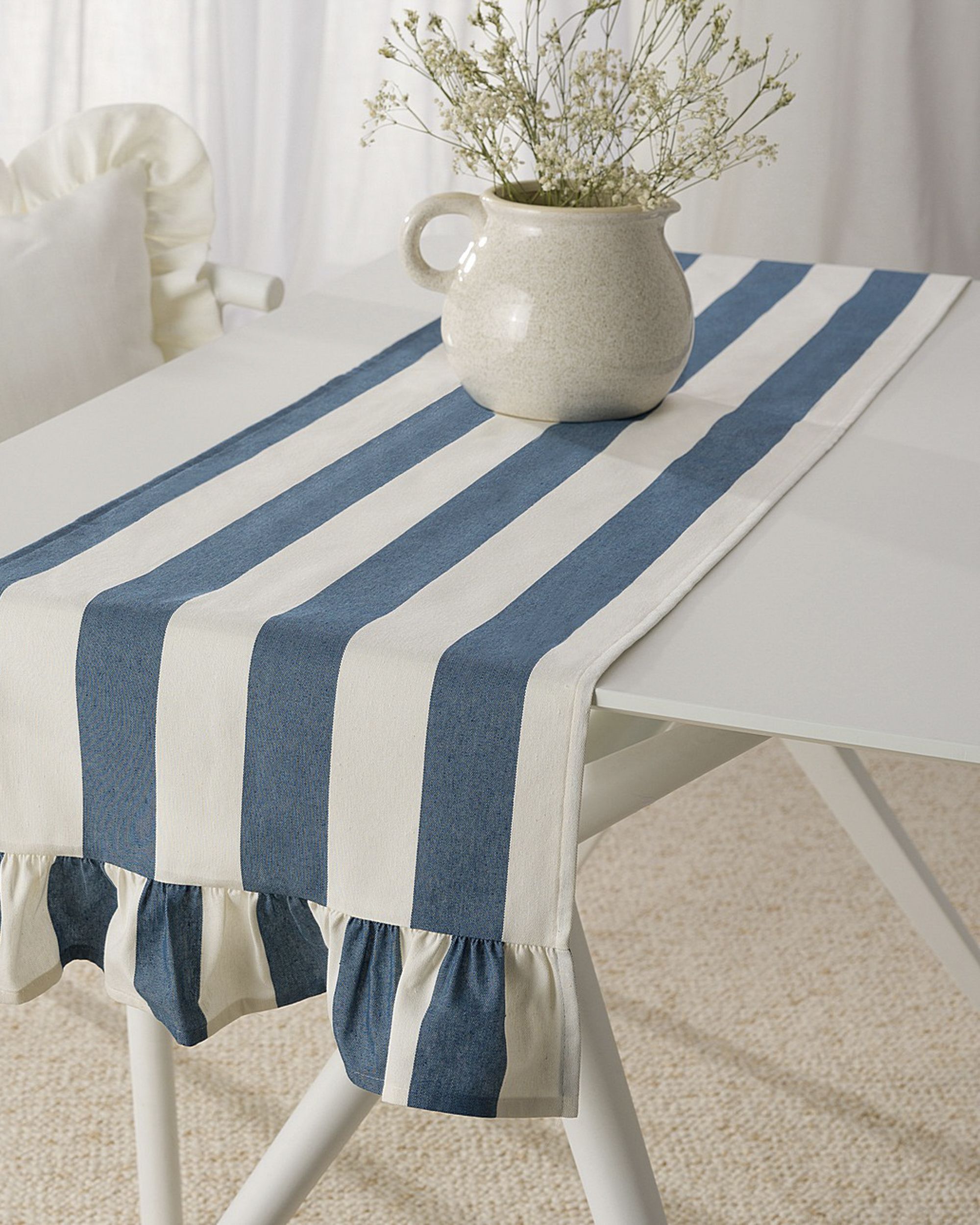 Tischläufer mit Rüsche 40x160 cm Farbe blau Stoff gemustert