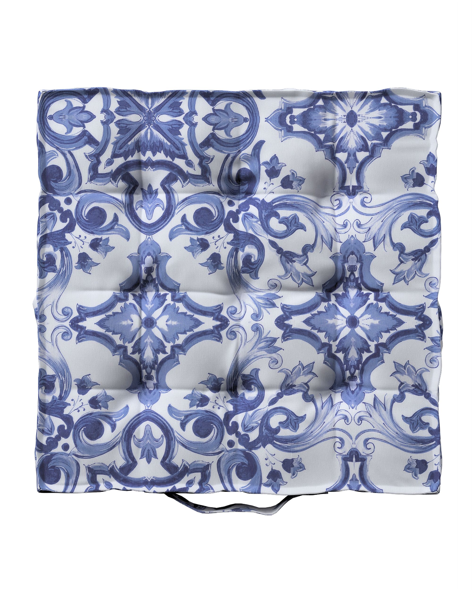 Sitzkissen Jacob mit Handgriff Farbe blau Stoff gemustert