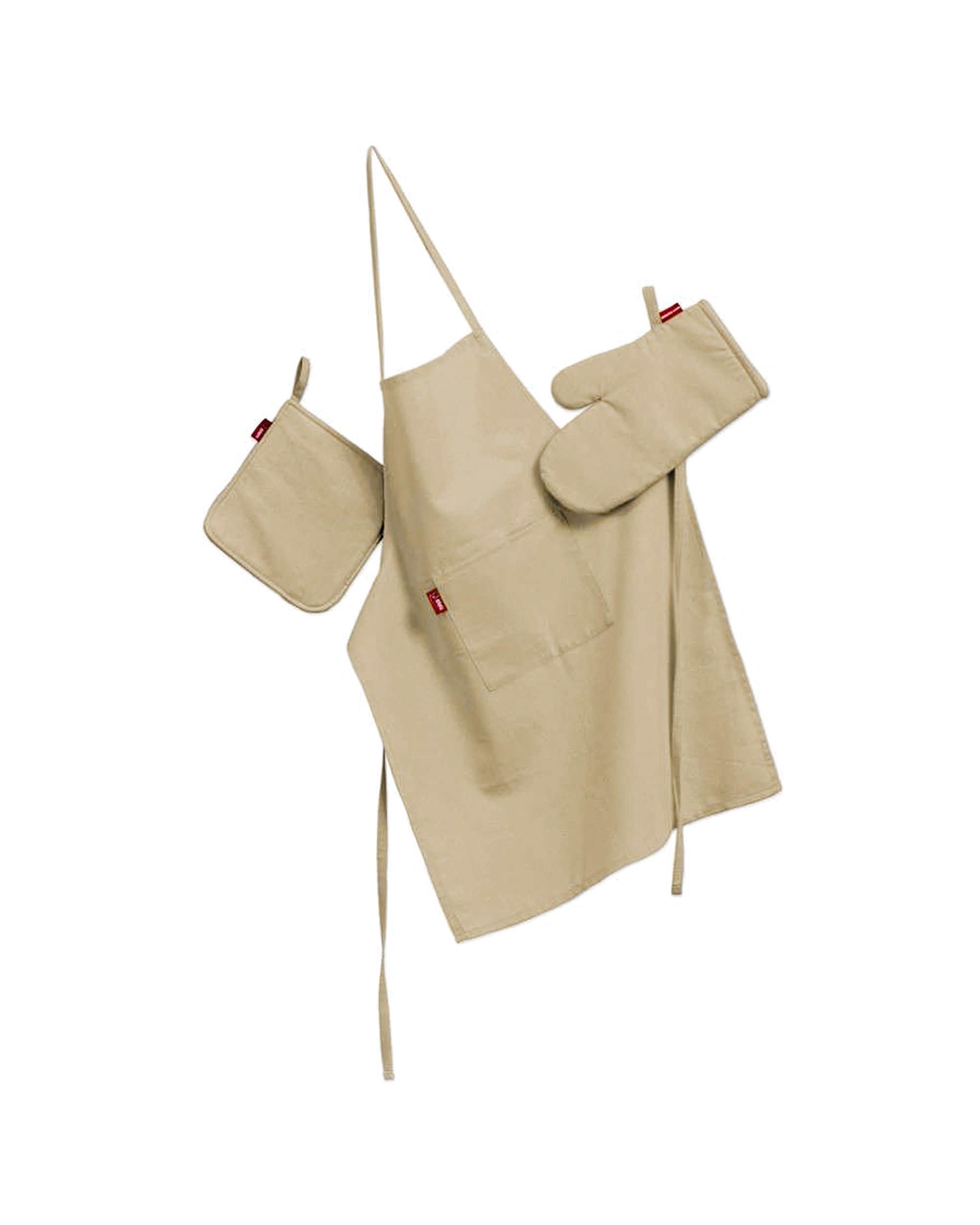 Küchenset: Schürze, Handschuh, Topflappen Farbe beige