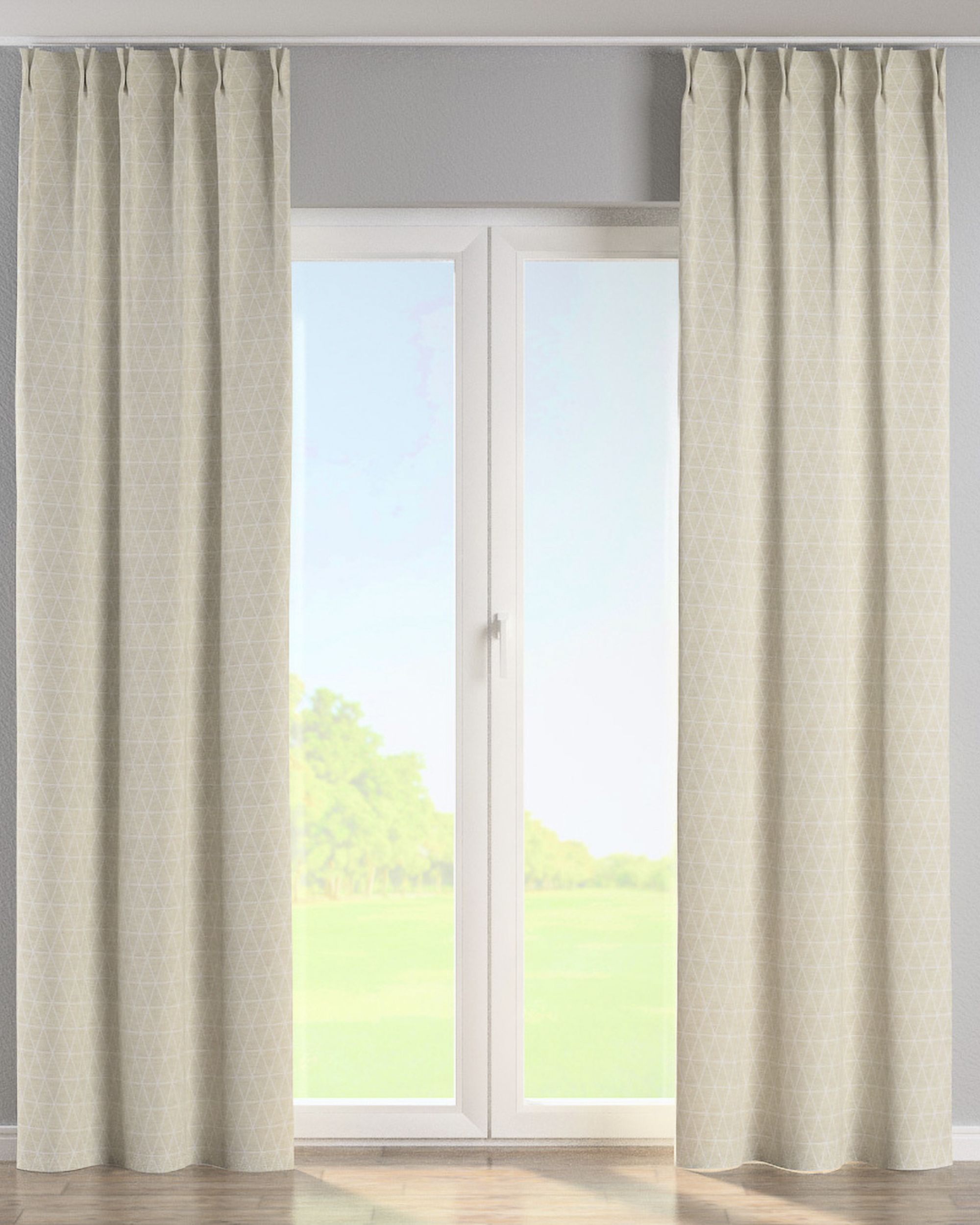 Vorhang mit flämischen 2-er Falten Farbe beige Stoff strukturiert, gemustert