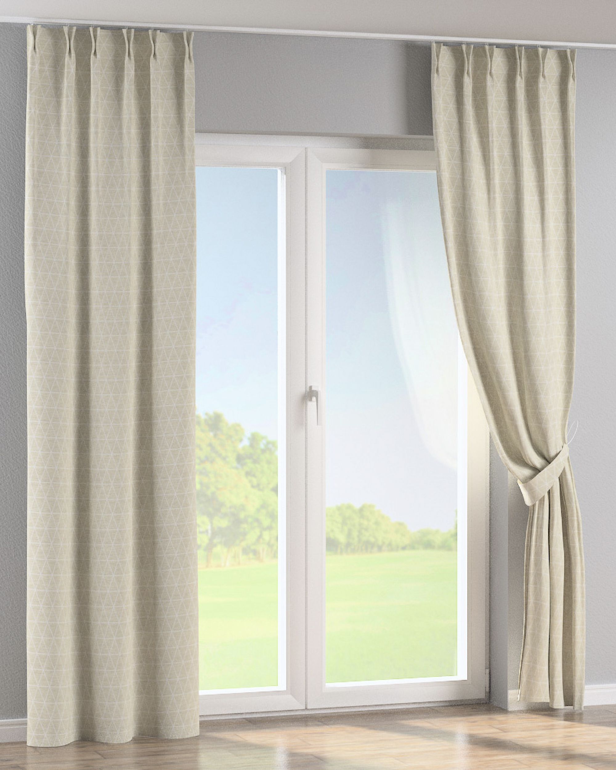 Vorhang mit flämischen 2-er Falten Farbe beige Stoff strukturiert, gemustert (hover)
