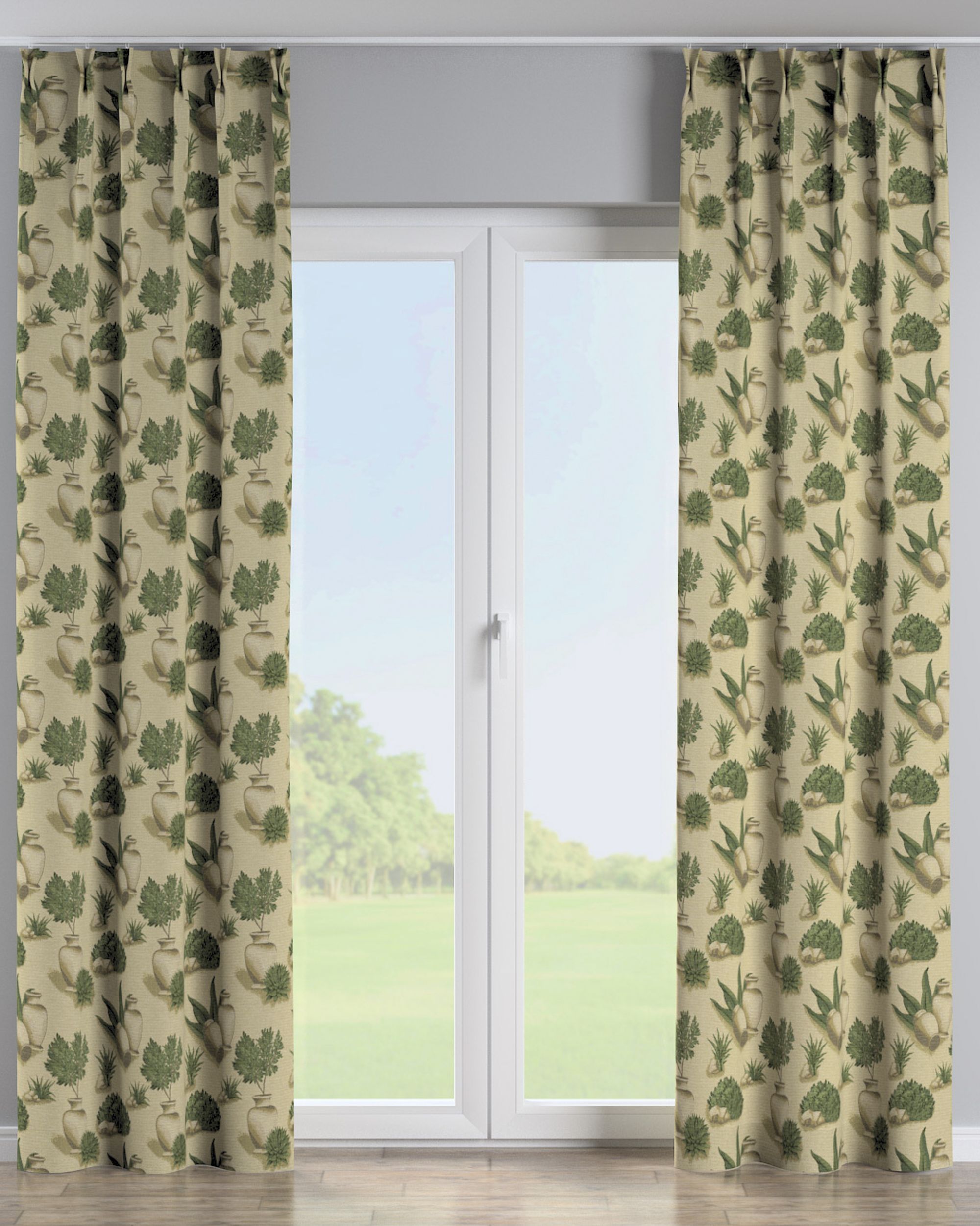 Vorhang mit flämischen 2-er Falten Farbe beige Stoff strukturiert, gemustert