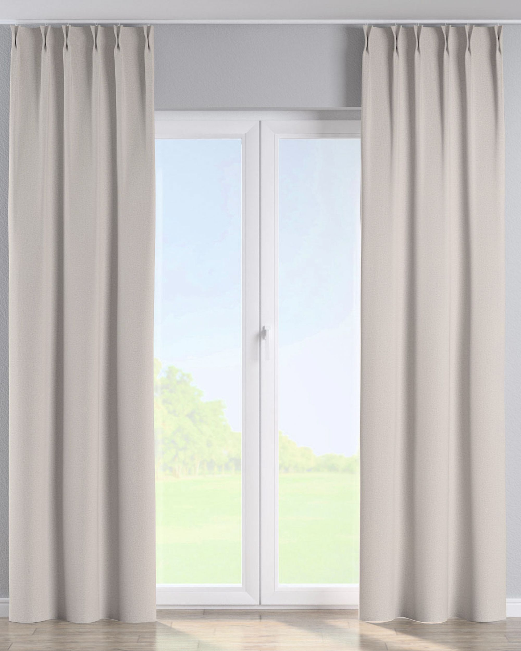 Vorhang mit flämischen 2-er Falten Farbe beige Stoff strukturiert, verdunkelnd