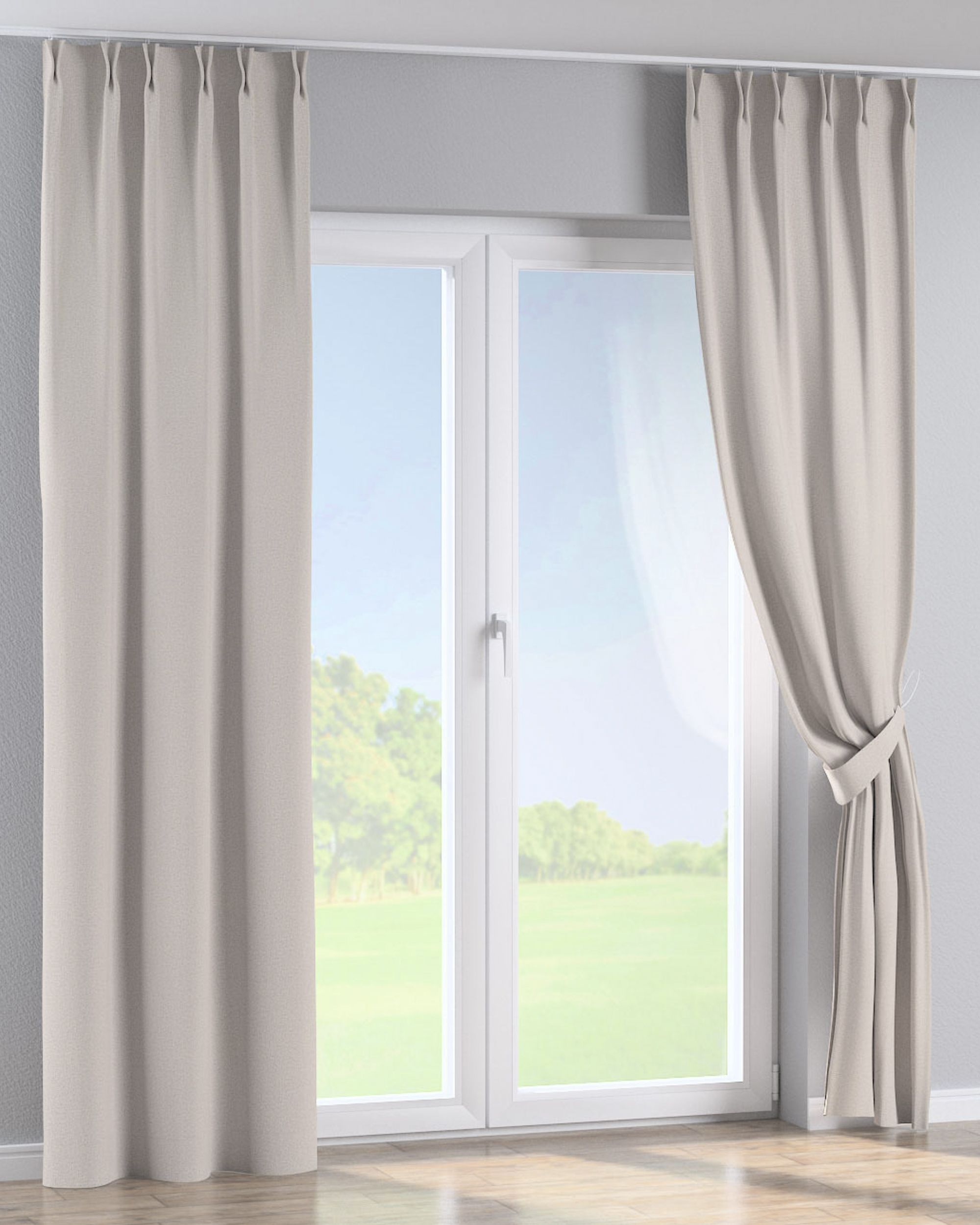 Vorhang mit flämischen 2-er Falten Farbe beige Stoff strukturiert, verdunkelnd (hover)