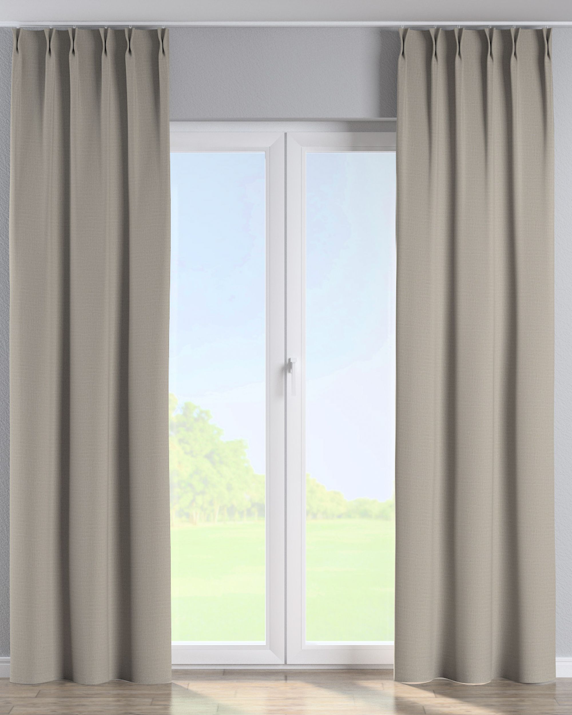 Vorhang mit flämischen 2-er Falten Farbe beige Stoff strukturiert, verdunkelnd