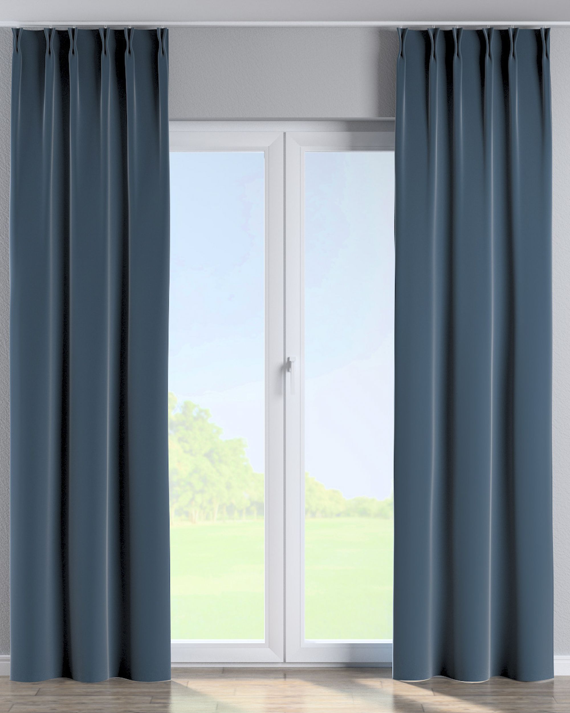 Vorhang mit flämischen 2-er Falten Farbe blau Stoff glänzend, samt