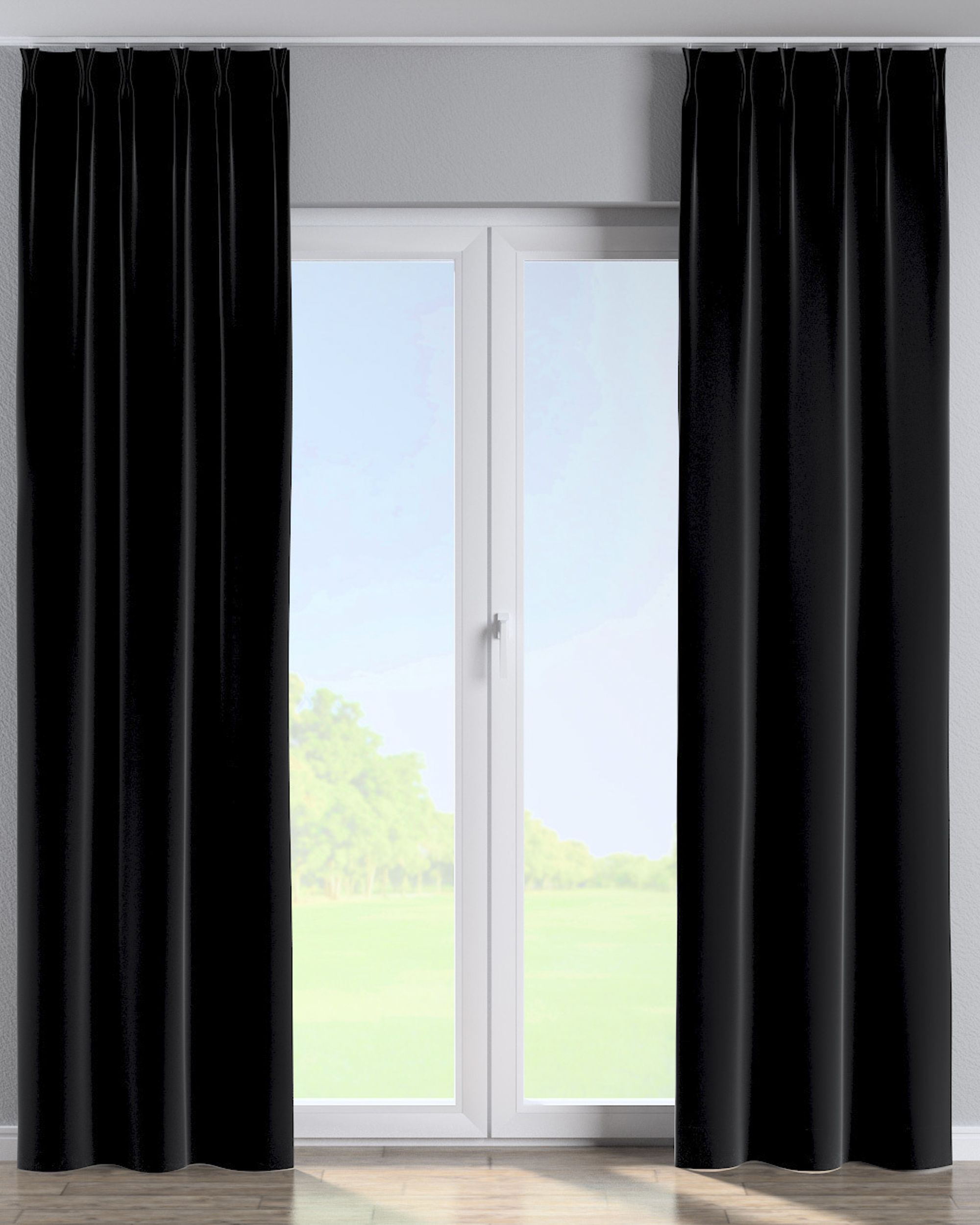 Vorhang mit flämischen 2-er Falten Farbe schwarz Stoff glänzend, samt