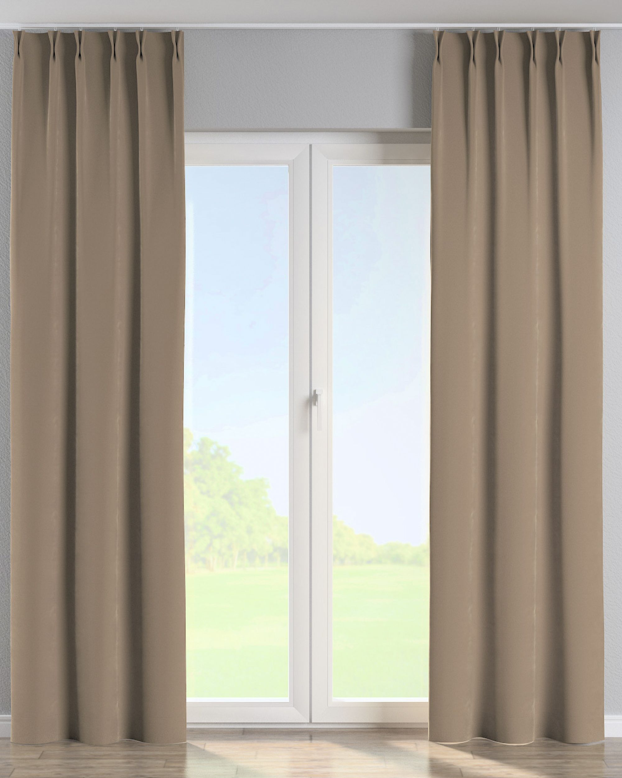 Vorhang mit flämischen 2-er Falten Farbe beige Stoff glänzend, samt