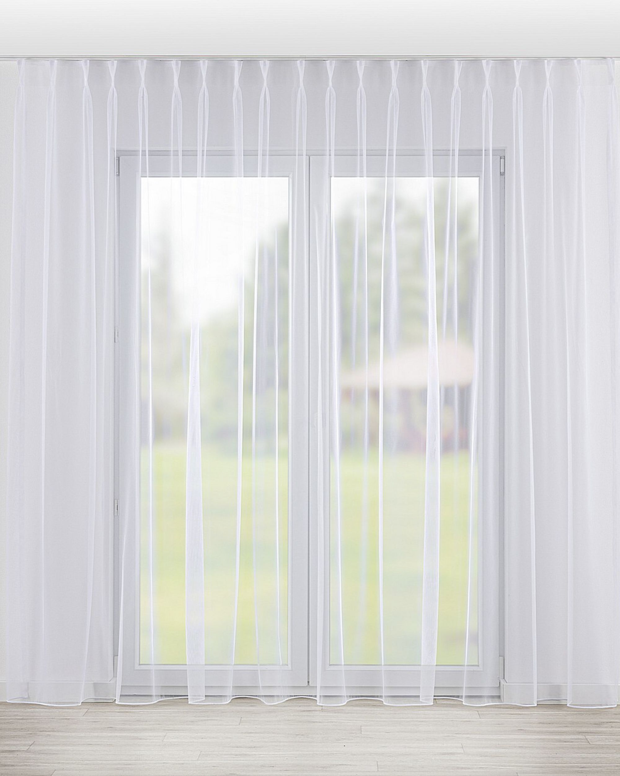 Gardine mit flämischen 2-er Falten Farbe weiß Stoff halbtransparent