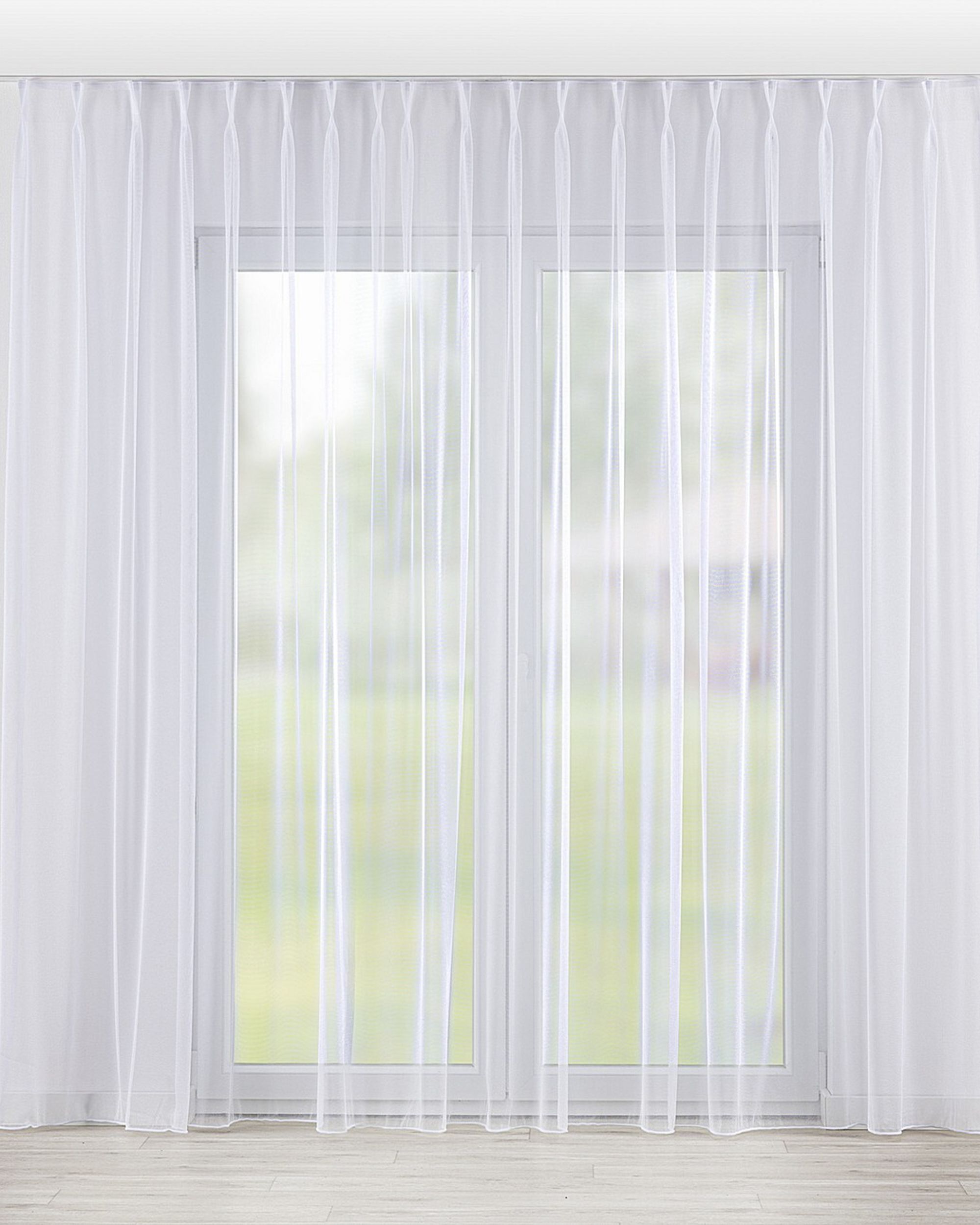 Gardine mit flämischen 2-er Falten Farbe weiß Stoff halbtransparent, glänzend, strukturiert