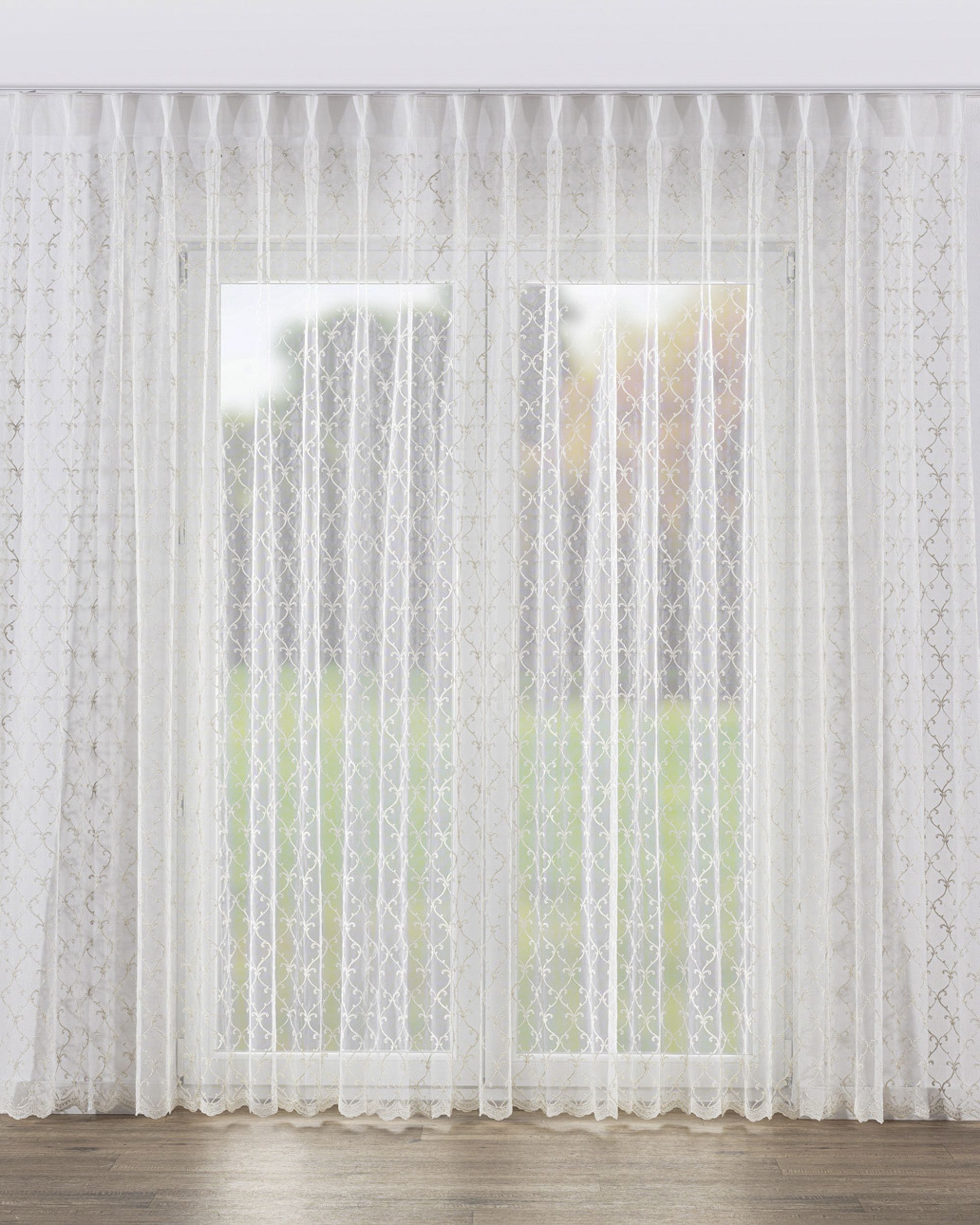 Gardine mit flämischen 2-er Falten Farbe creme Stoff halbtransparent, glänzend, strukturiert, gemustert
