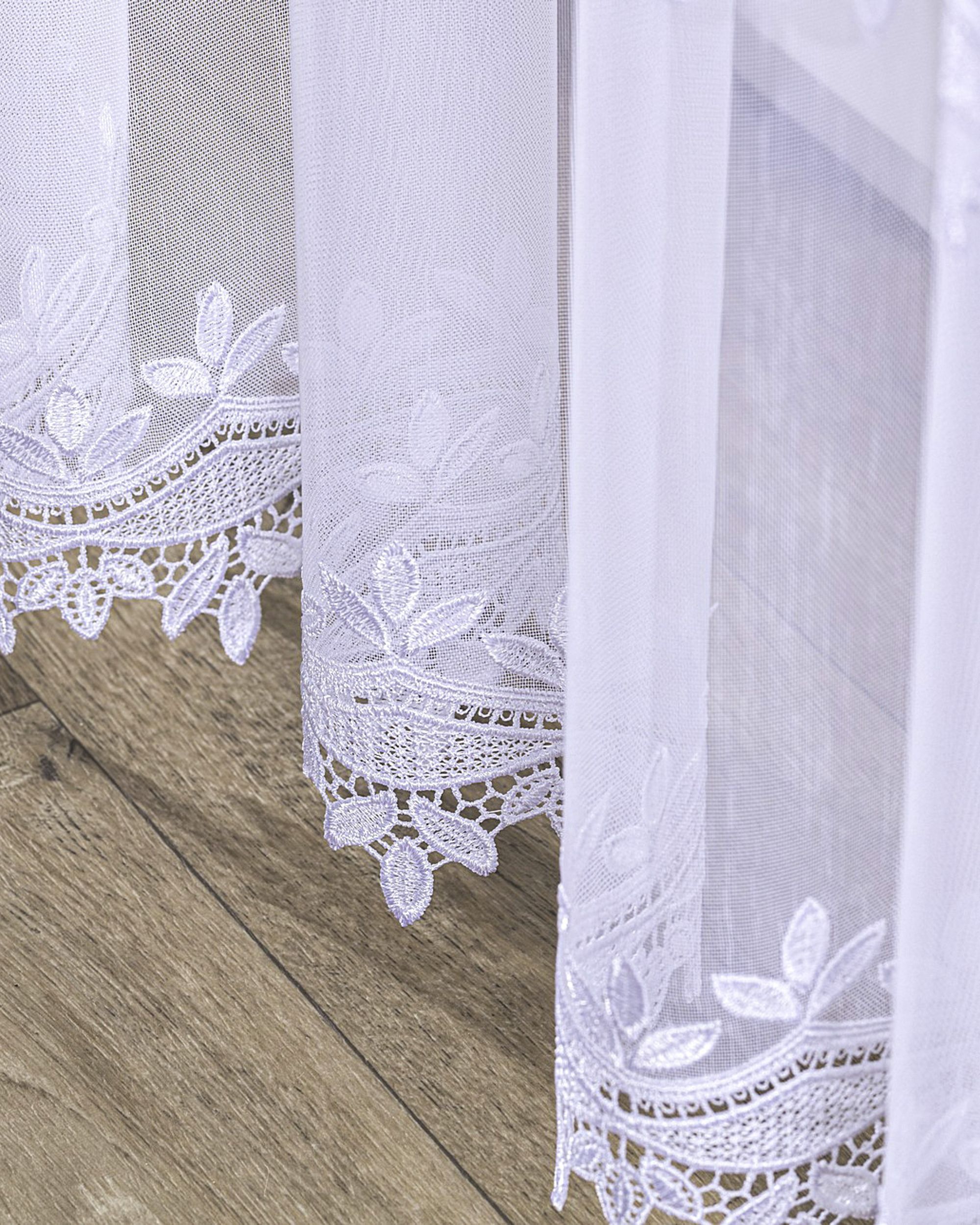 Gardine mit flämischen 2-er Falten Farbe weiß Stoff halbtransparent, strukturiert, gemustert (hover)