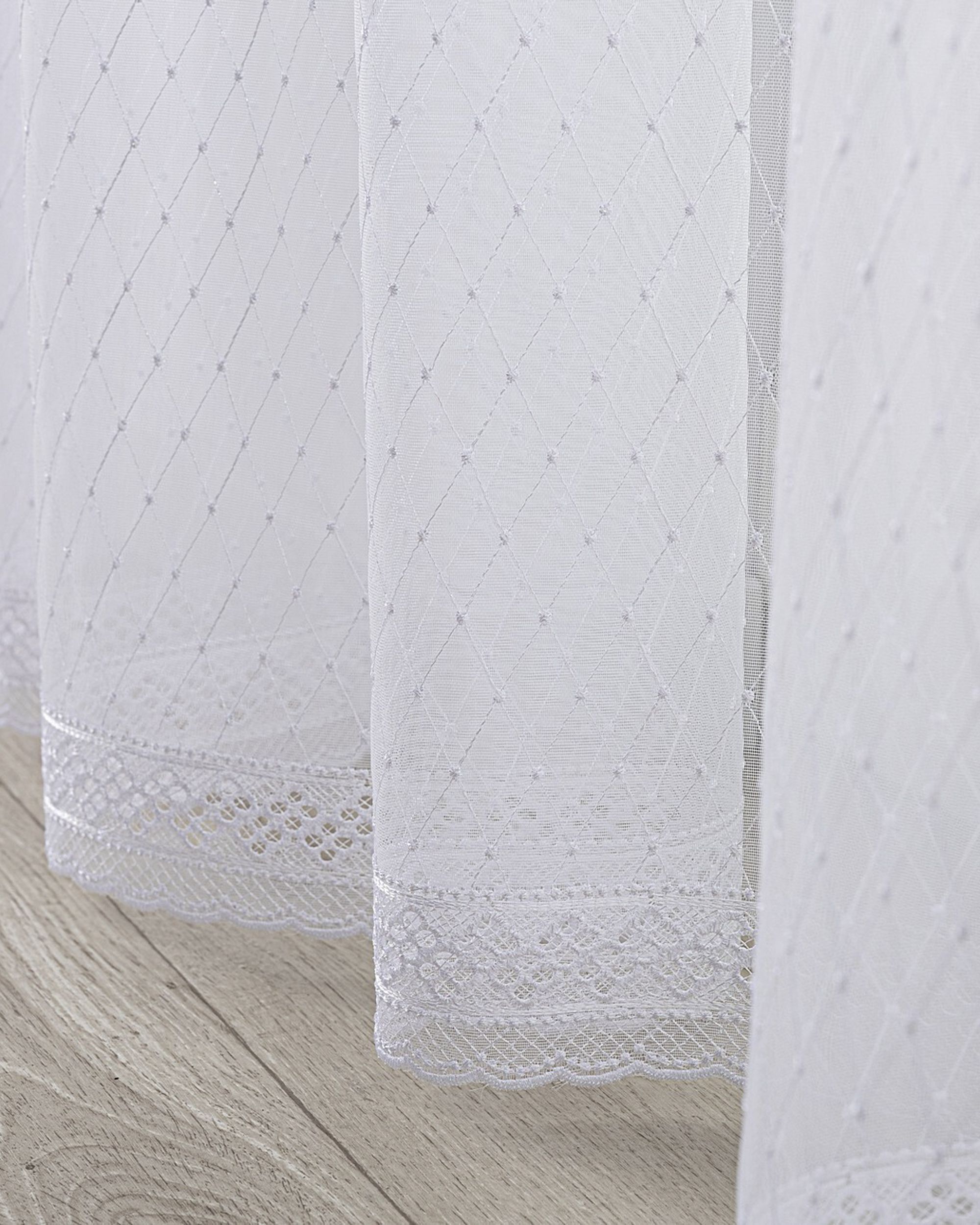 Gardine mit flämischen 2-er Falten Farbe weiß Stoff halbtransparent, strukturiert, gemustert (hover)