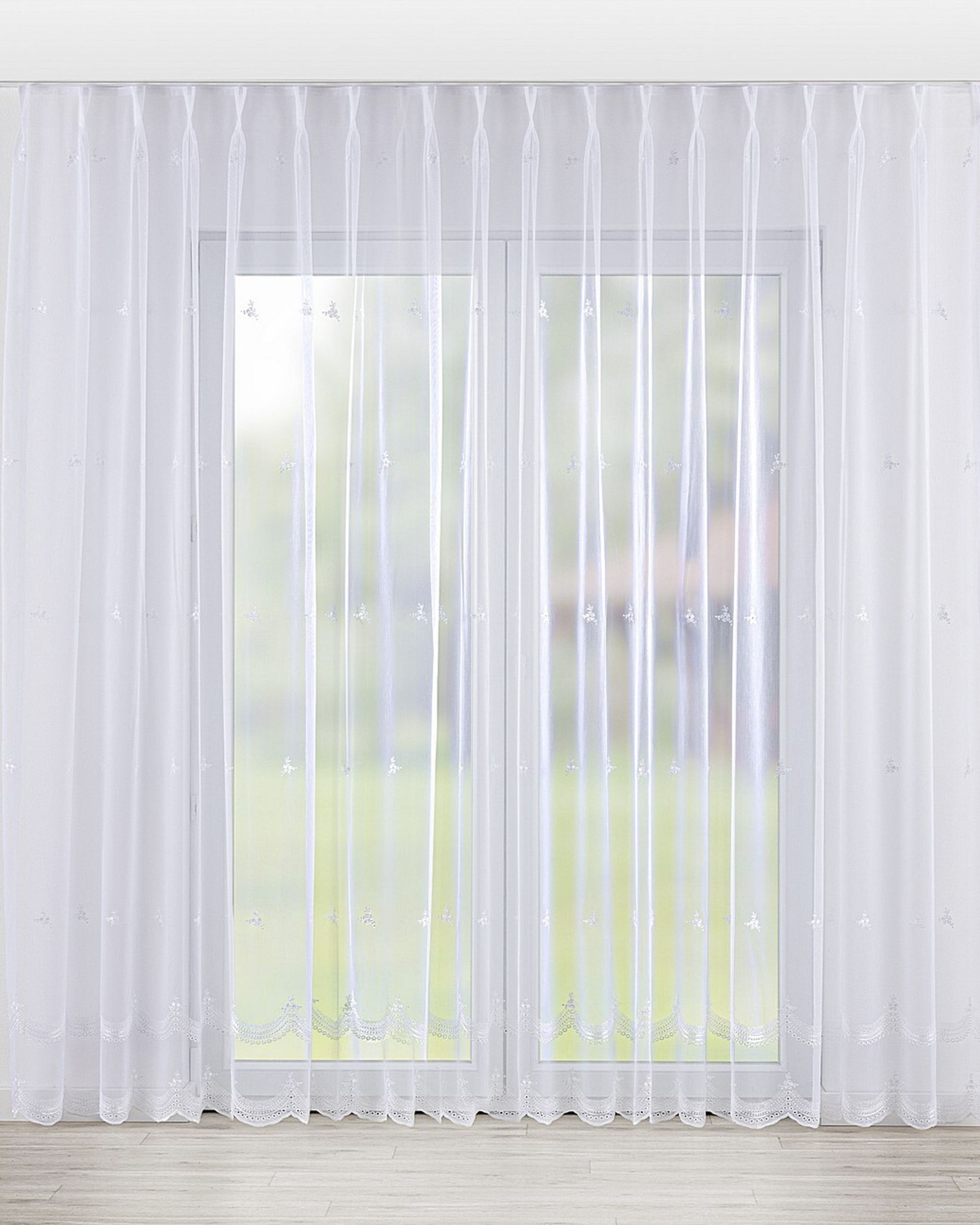 Gardine mit flämischen 2-er Falten Farbe weiß Stoff halbtransparent, strukturiert, gemustert