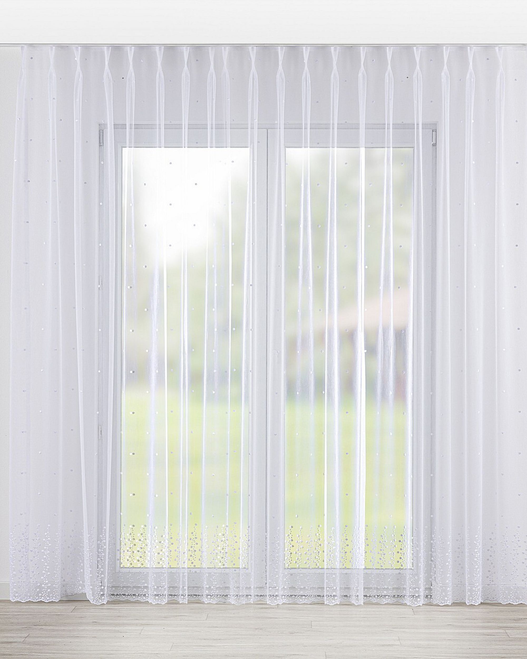 Gardine mit flämischen 2-er Falten Farbe weiß Stoff halbtransparent, strukturiert, gemustert