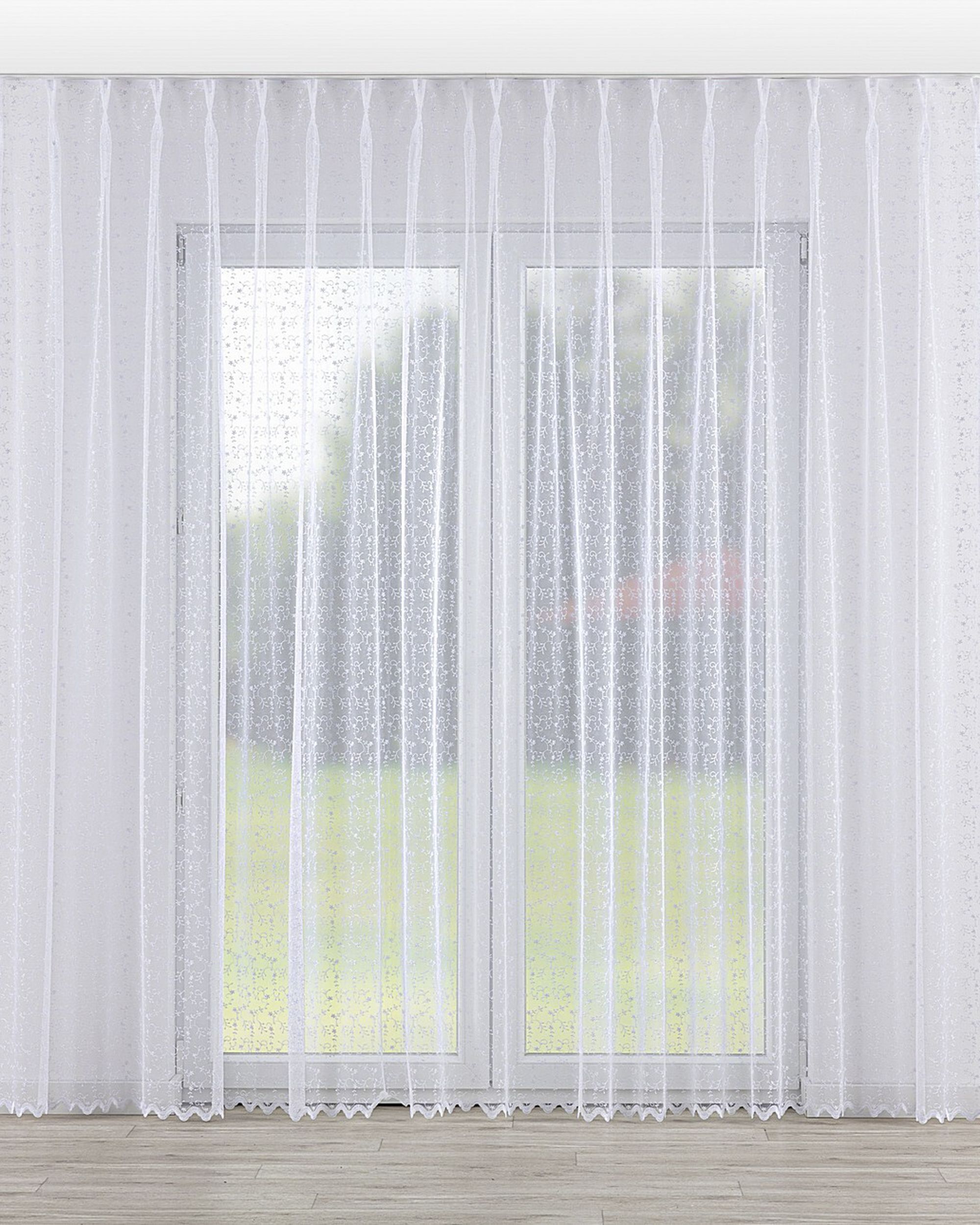 Gardine mit flämischen 2-er Falten Farbe weiß Stoff halbtransparent, strukturiert, gemustert