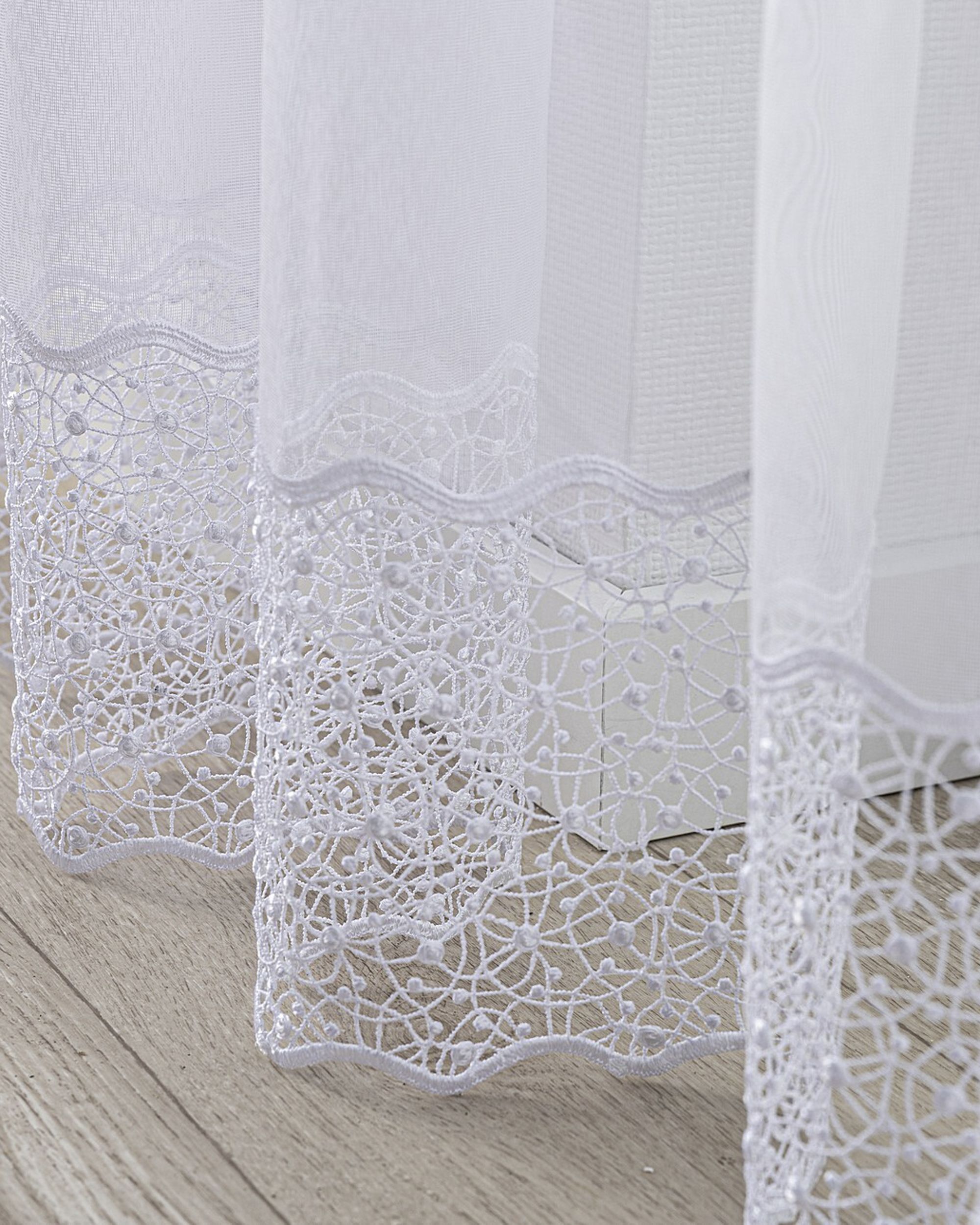Gardine mit flämischen 2-er Falten Farbe weiß Stoff halbtransparent, strukturiert, gemustert (hover)