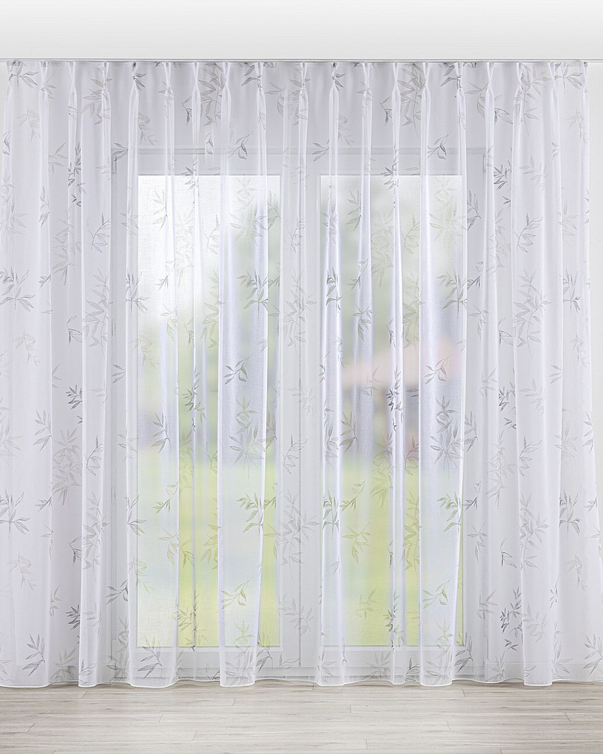 Gardine mit flämischen 2-er Falten Farbe weiß Stoff halbtransparent, gemustert