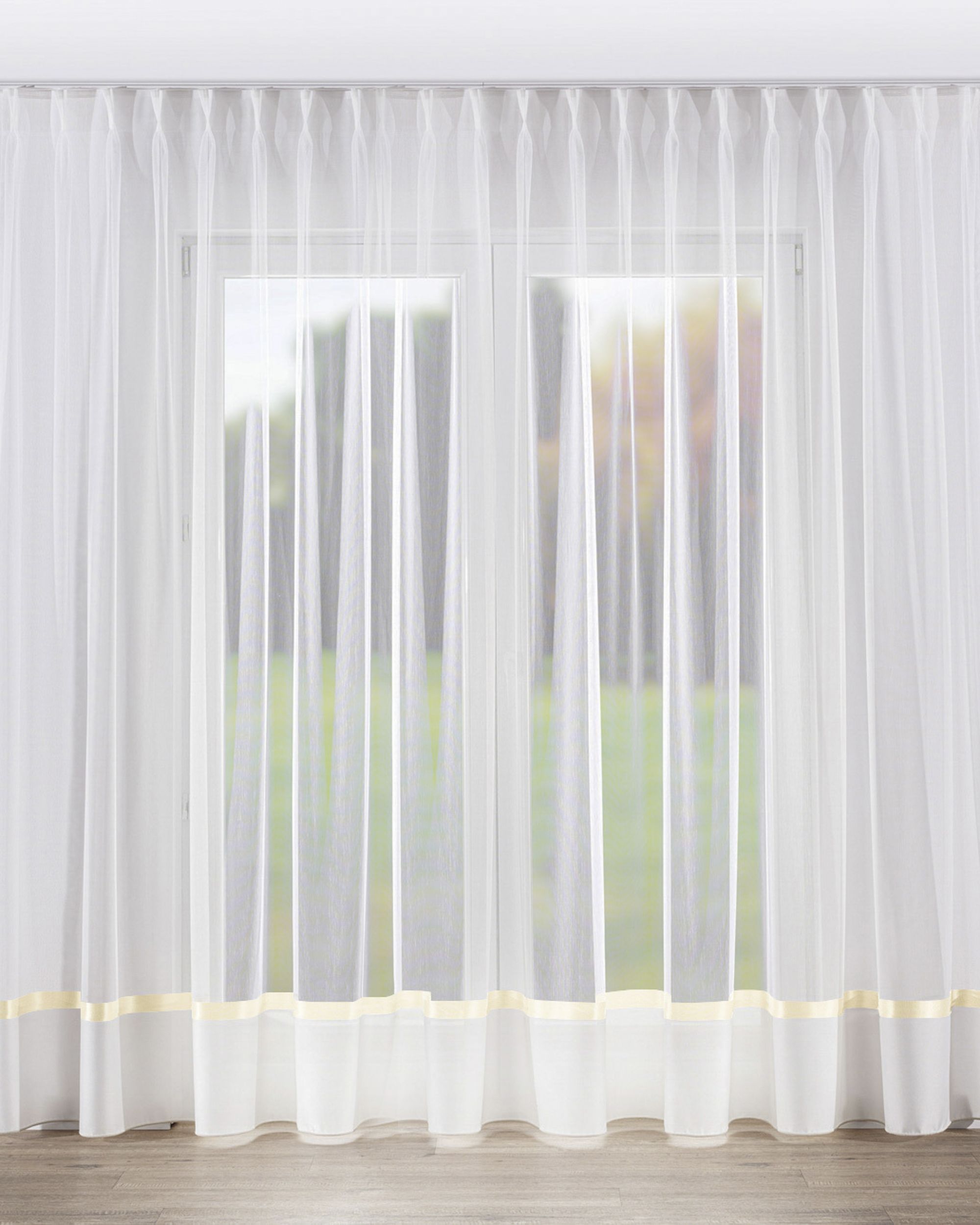 Gardine mit flämischen 2-er Falten Farbe creme Stoff halbtransparent
