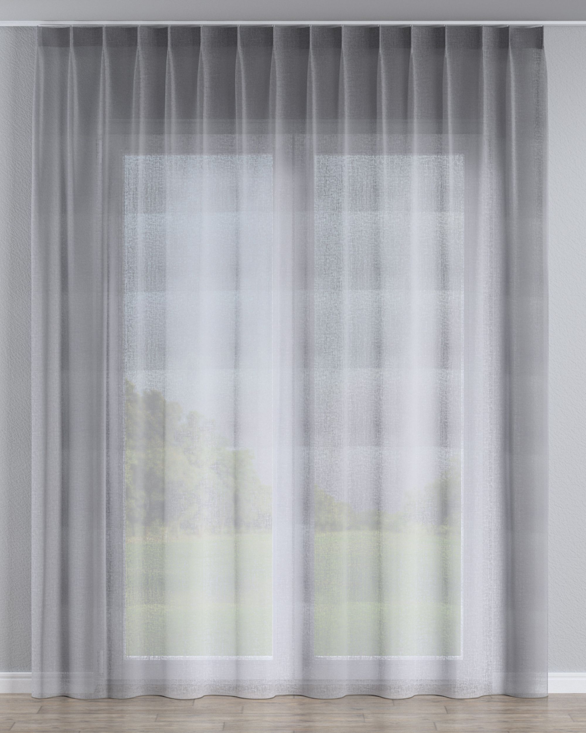 Gardine mit flämischen 1-er Falten Farbe grau Stoff halbtransparent, strukturiert