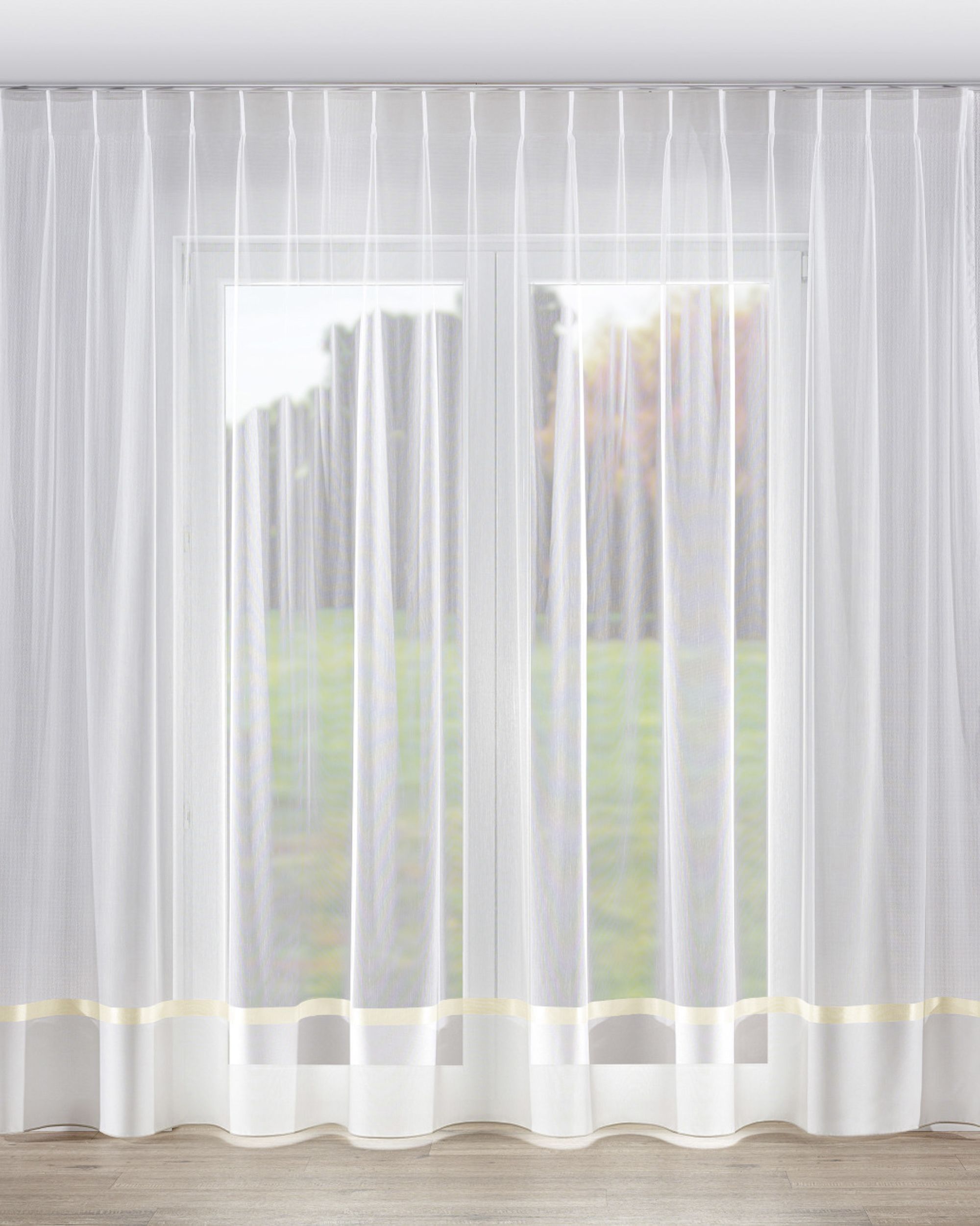 Gardine mit flämischen 1-er Falten Farbe creme Stoff halbtransparent