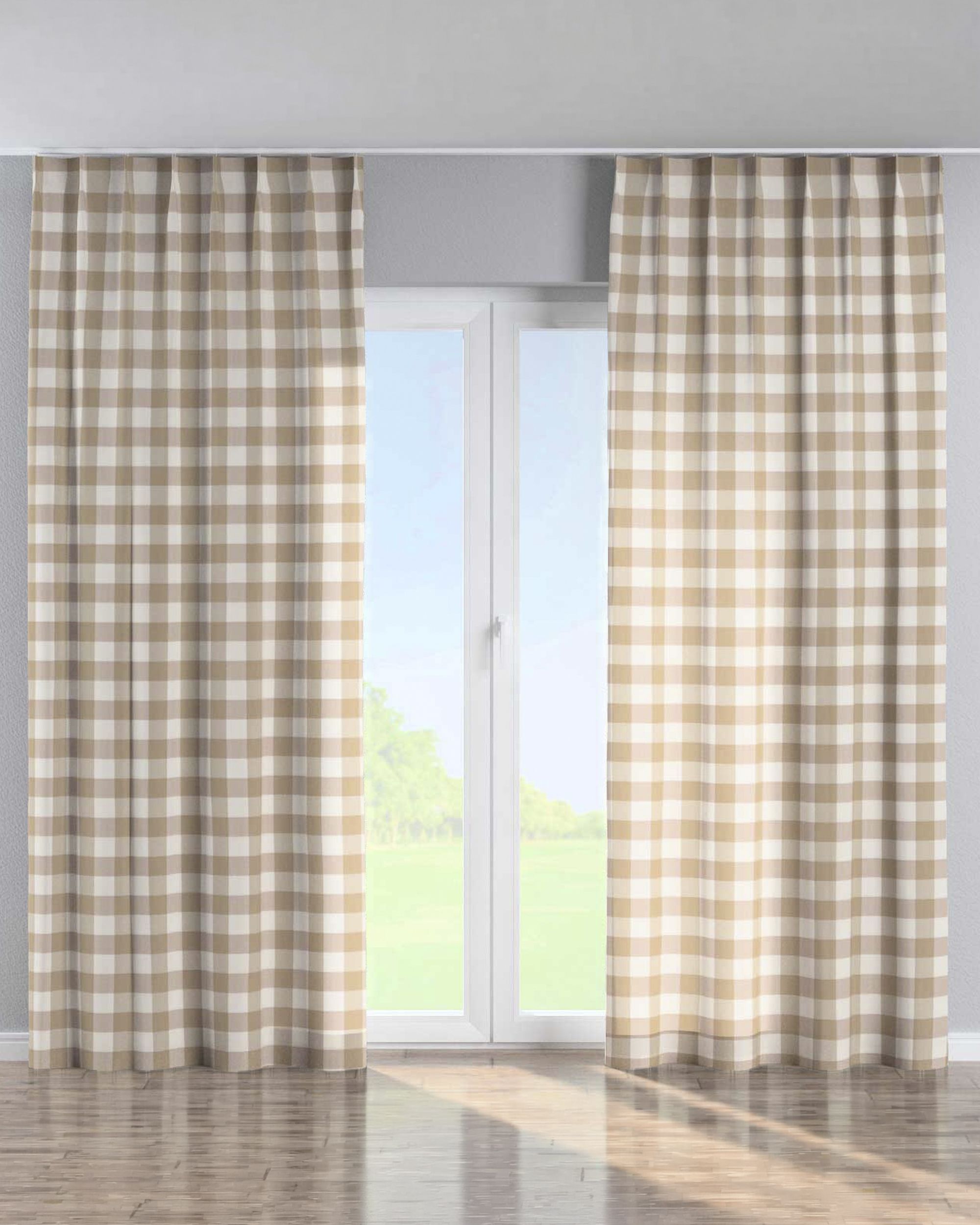 Vorhang mit flämischen 1-er Falten Farbe beige Stoff gemustert