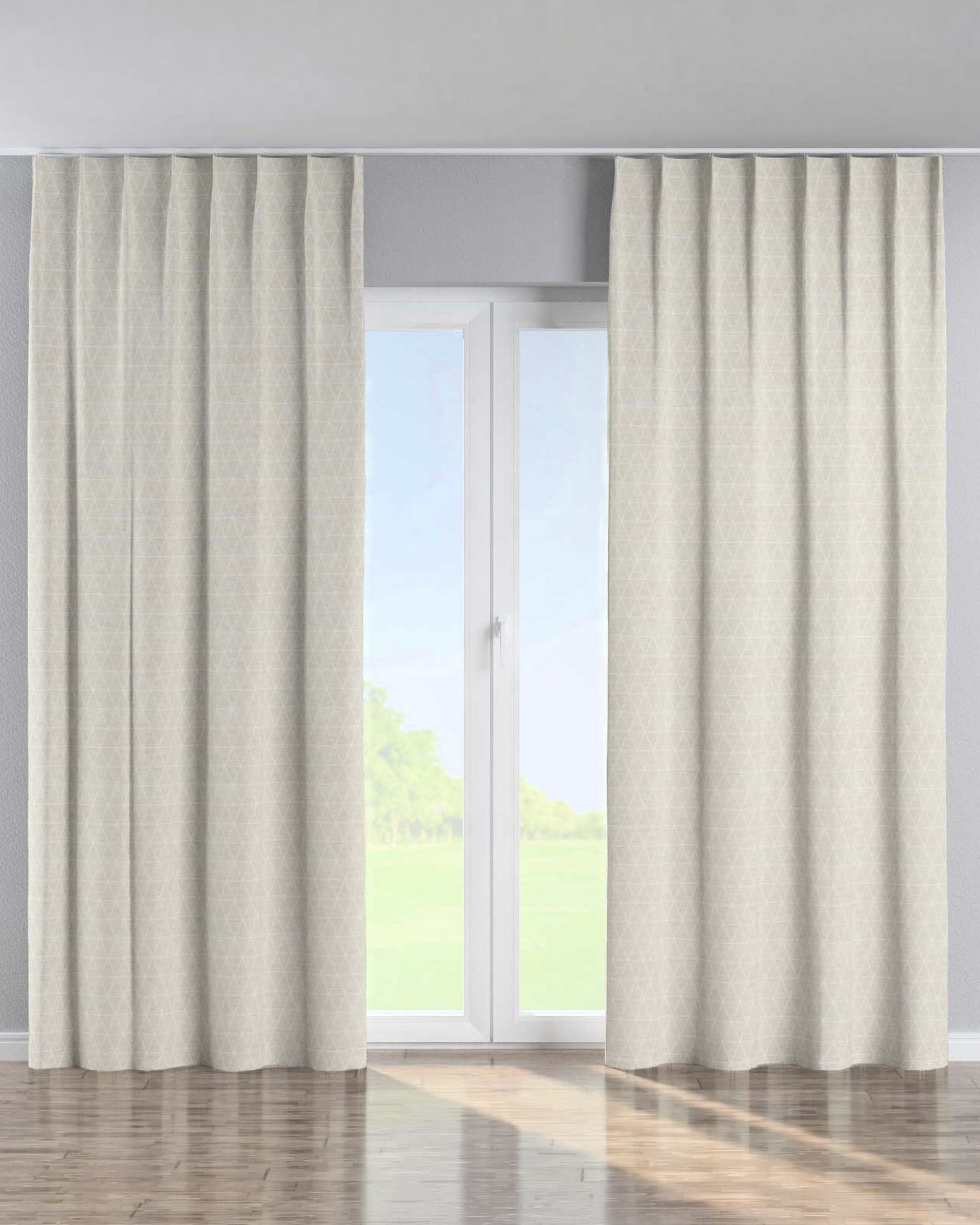 Vorhang mit flämischen 1-er Falten Farbe beige Stoff strukturiert, gemustert