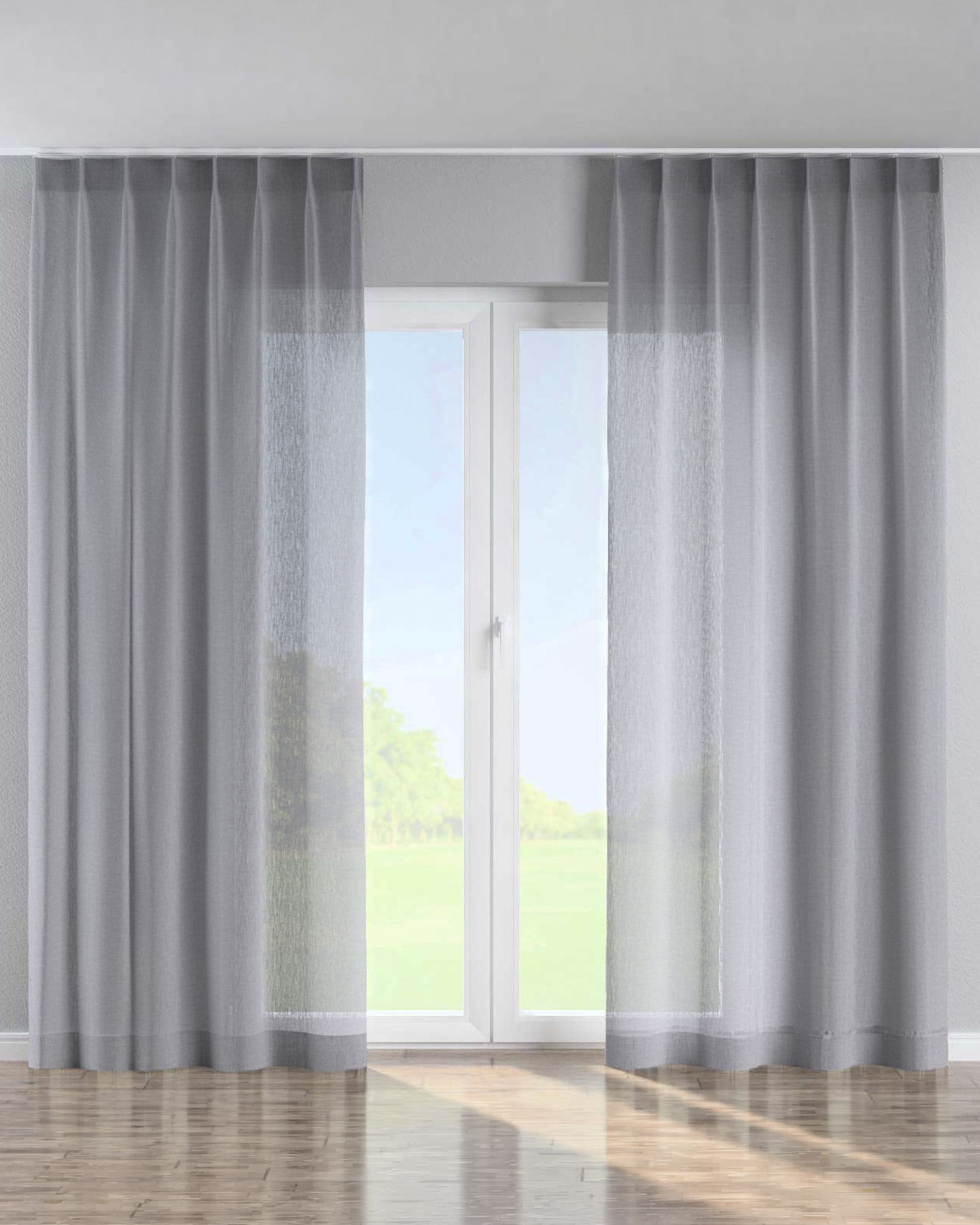Vorhang mit flämischen 1-er Falten Farbe grau Stoff halbtransparent, strukturiert