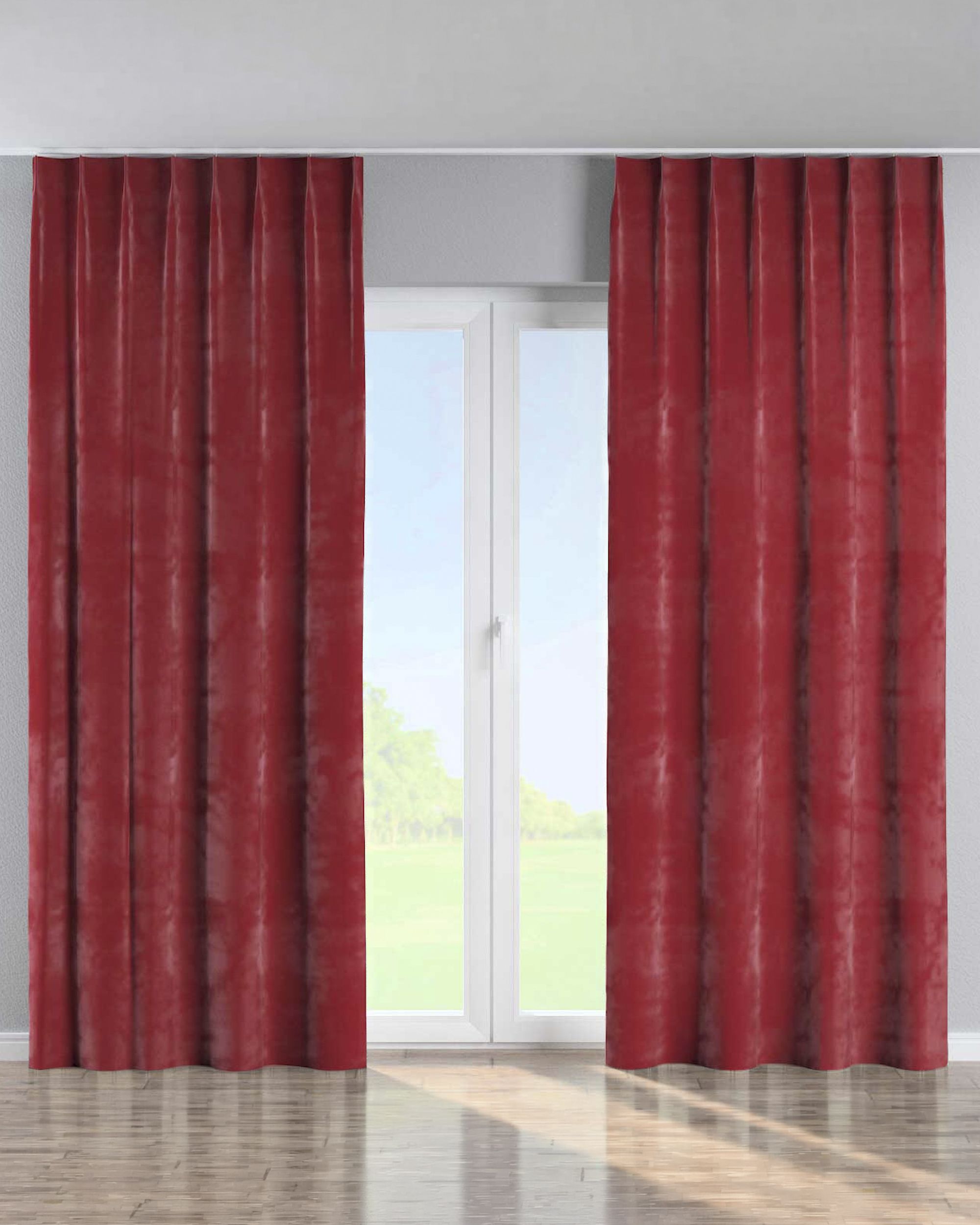 Vorhang mit flämischen 1-er Falten Farbe rot Stoff glänzend, samt