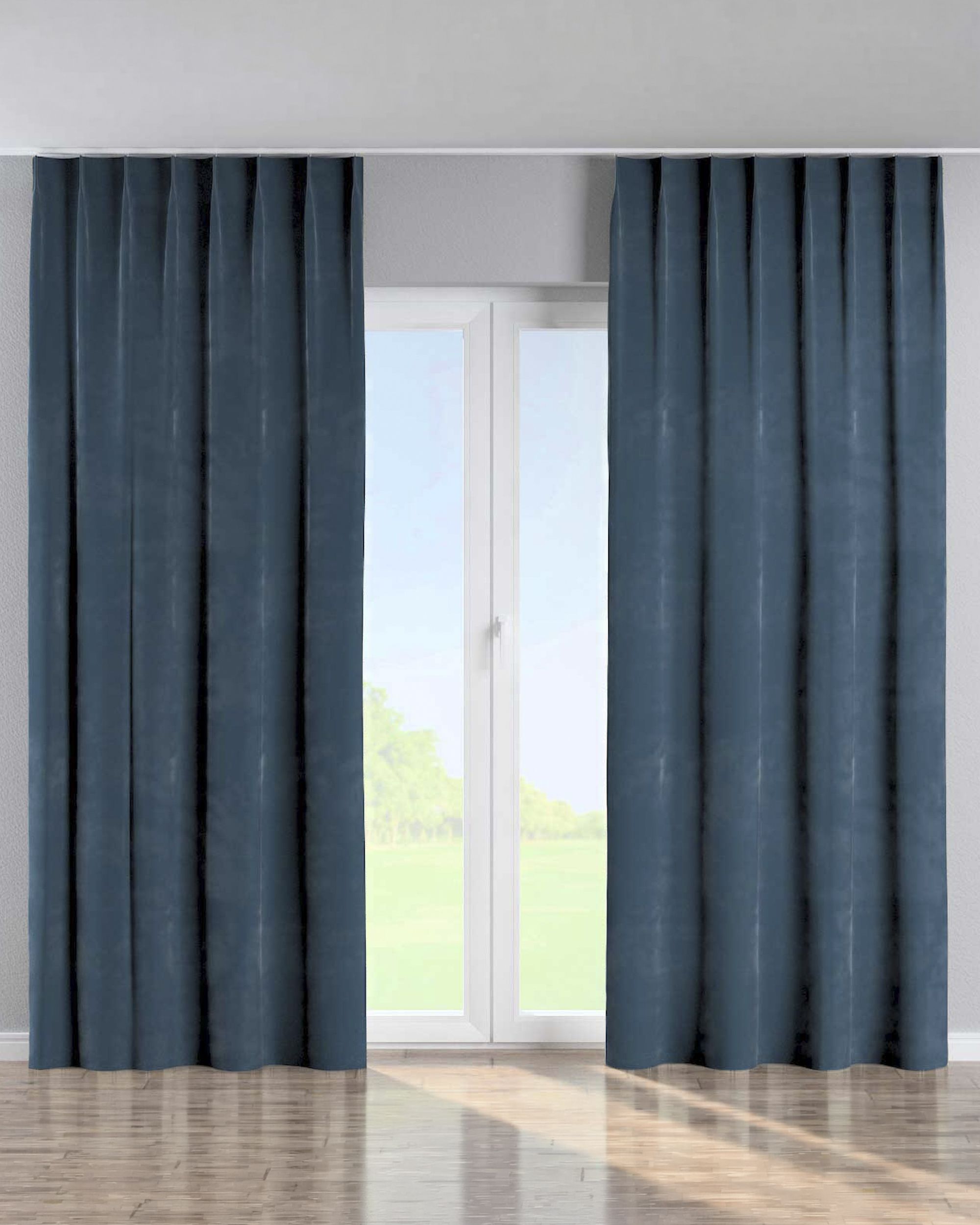 Vorhang mit flämischen 1-er Falten Farbe blau Stoff glänzend, samt
