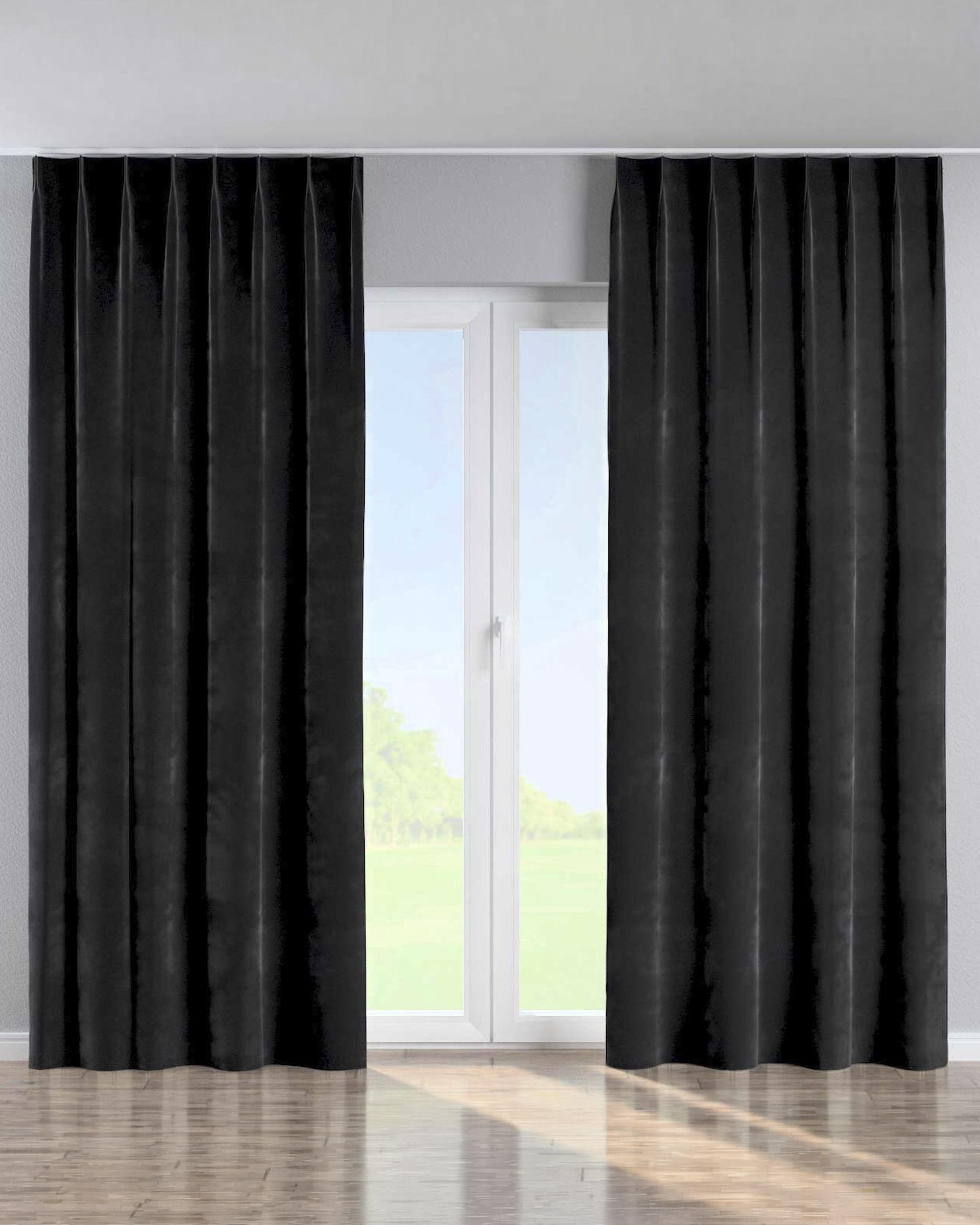 Vorhang mit flämischen 1-er Falten Farbe schwarz Stoff glänzend, samt