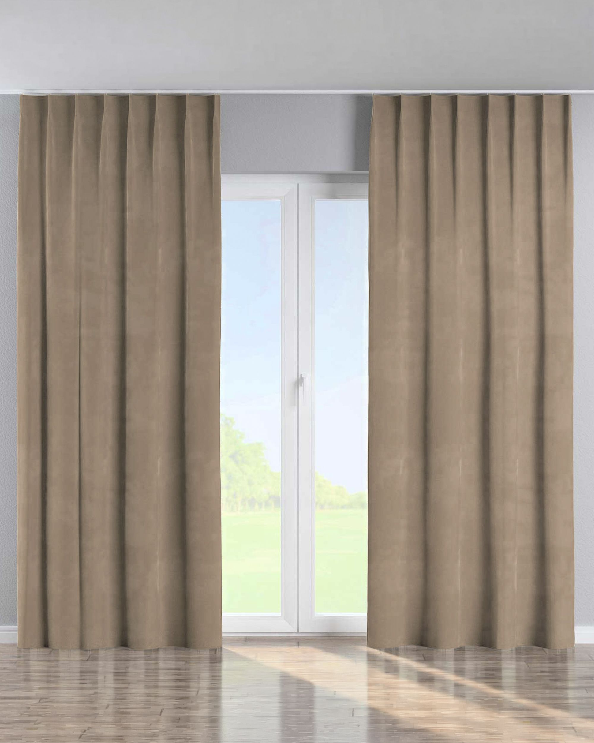 Vorhang mit flämischen 1-er Falten Farbe beige Stoff glänzend, samt