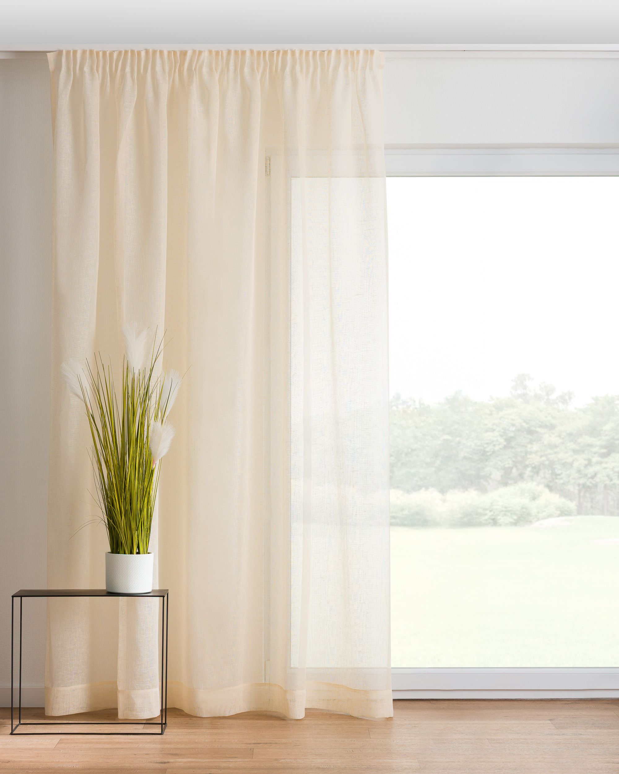 Vorhang mit Kräuselband Farbe creme Stoff halbtransparent, strukturiert, aus leinen