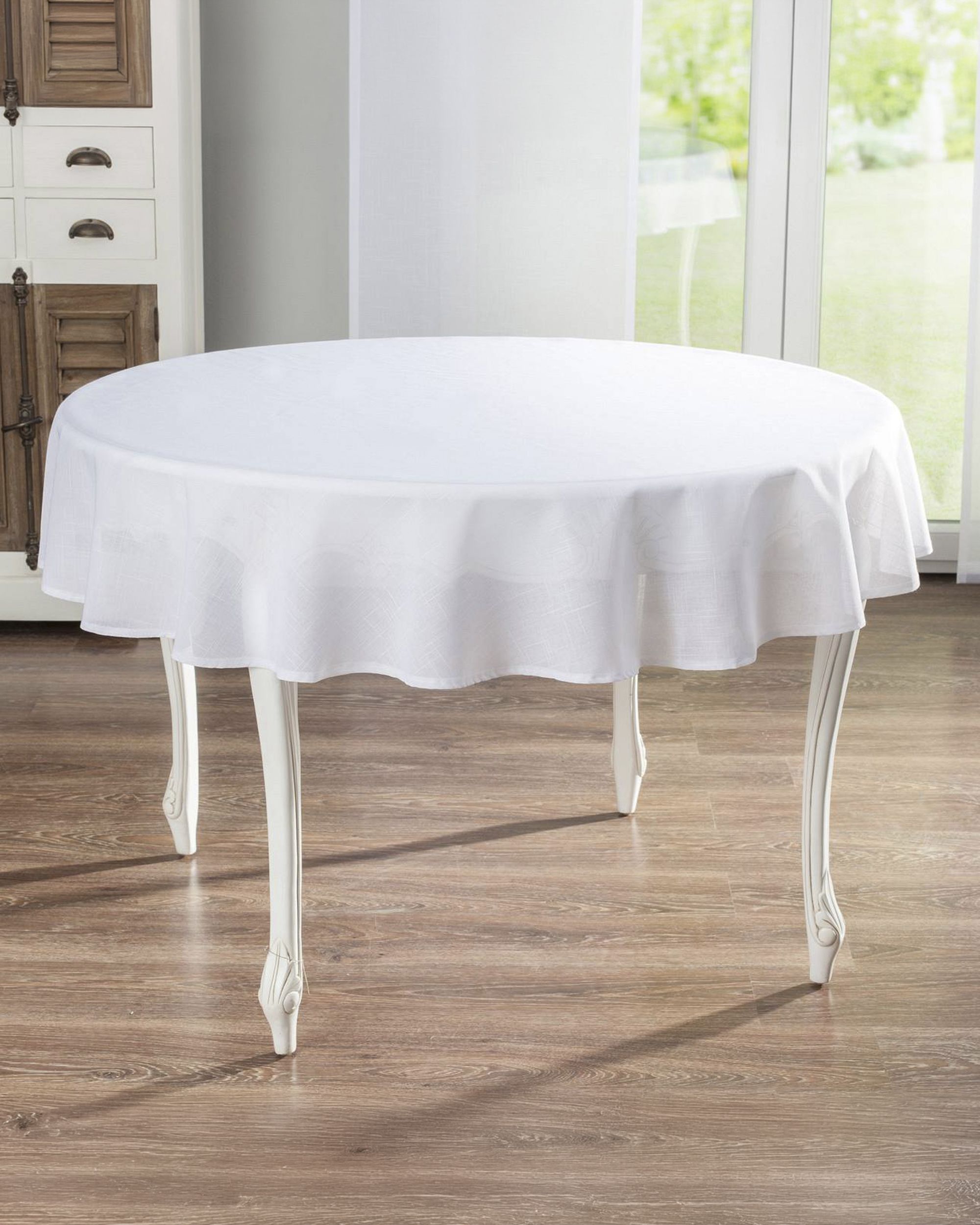 Runde Tischdecke Farbe weiß Stoff halbtransparent, strukturiert