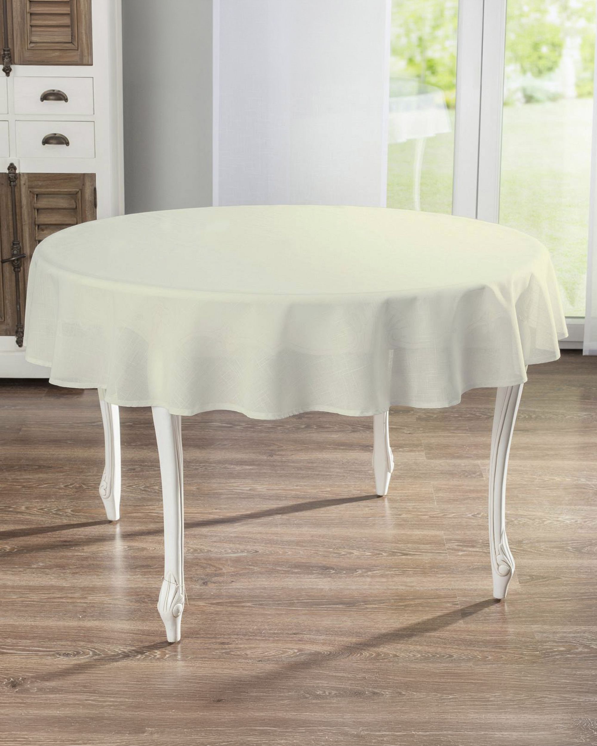 Runde Tischdecke Farbe creme Stoff halbtransparent, strukturiert