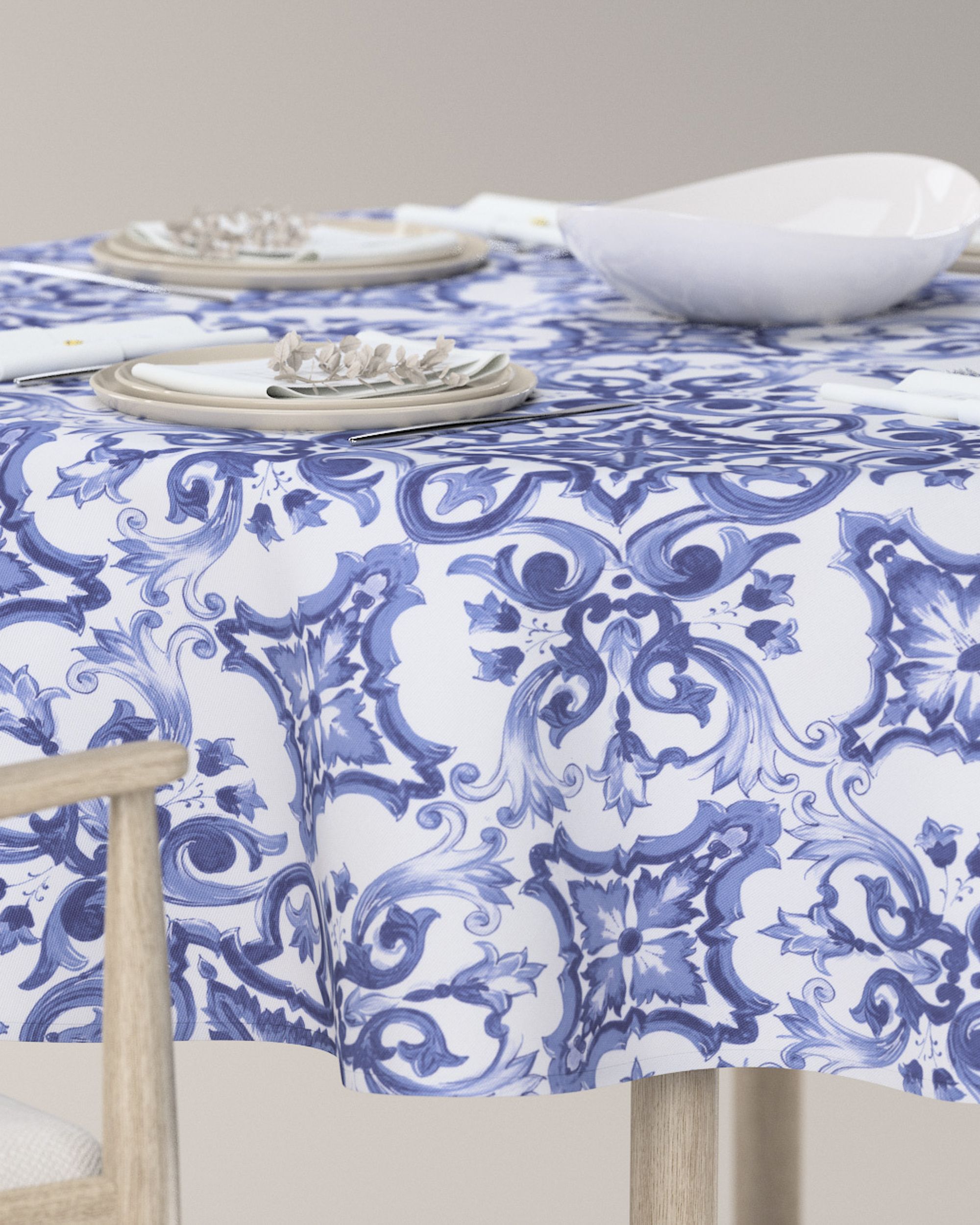 Runde Tischdecke Farbe blau Stoff gemustert (hover)