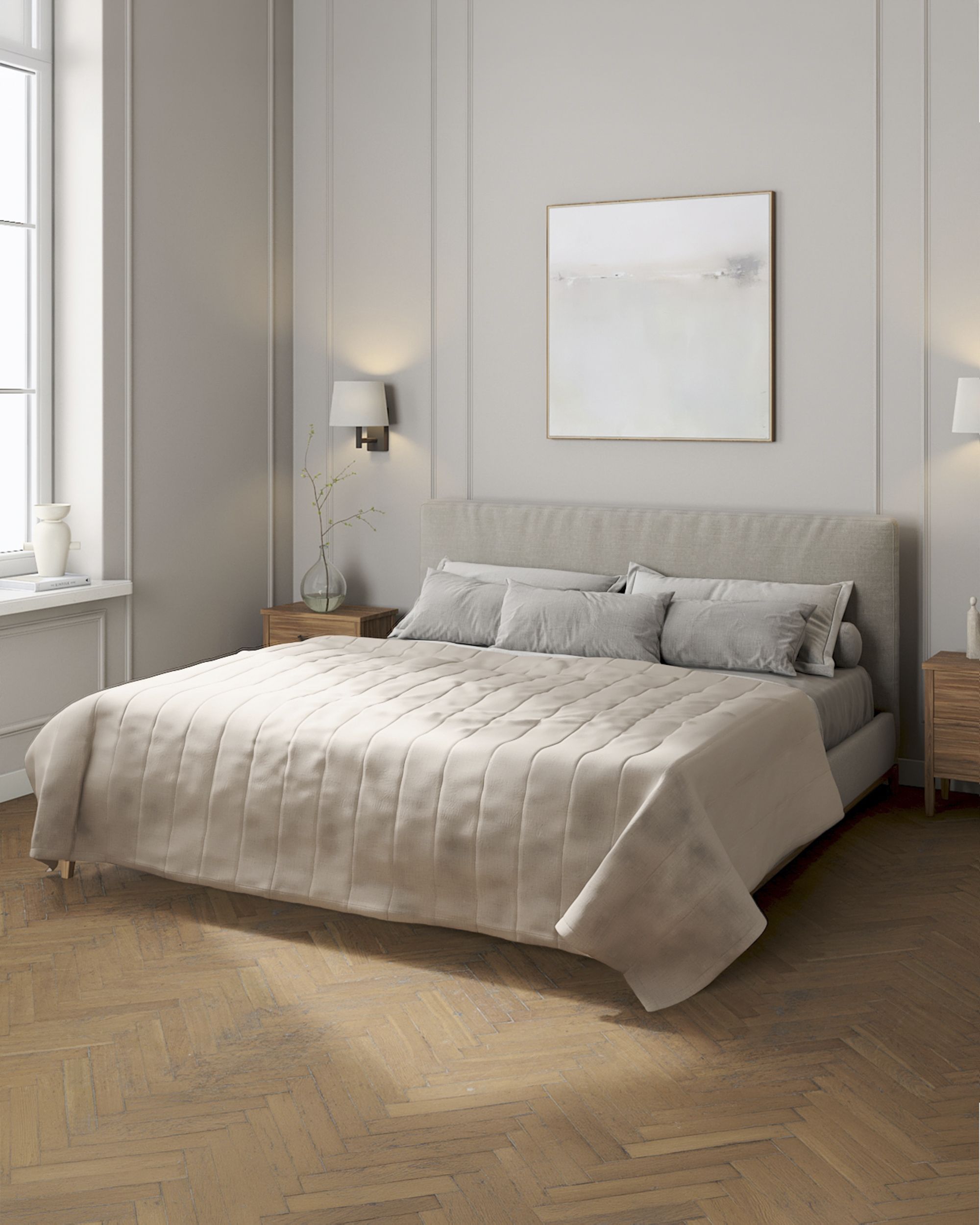 Tagesdecke mit Streifen-Steppung Farbe beige Stoff halbtransparent, strukturiert
