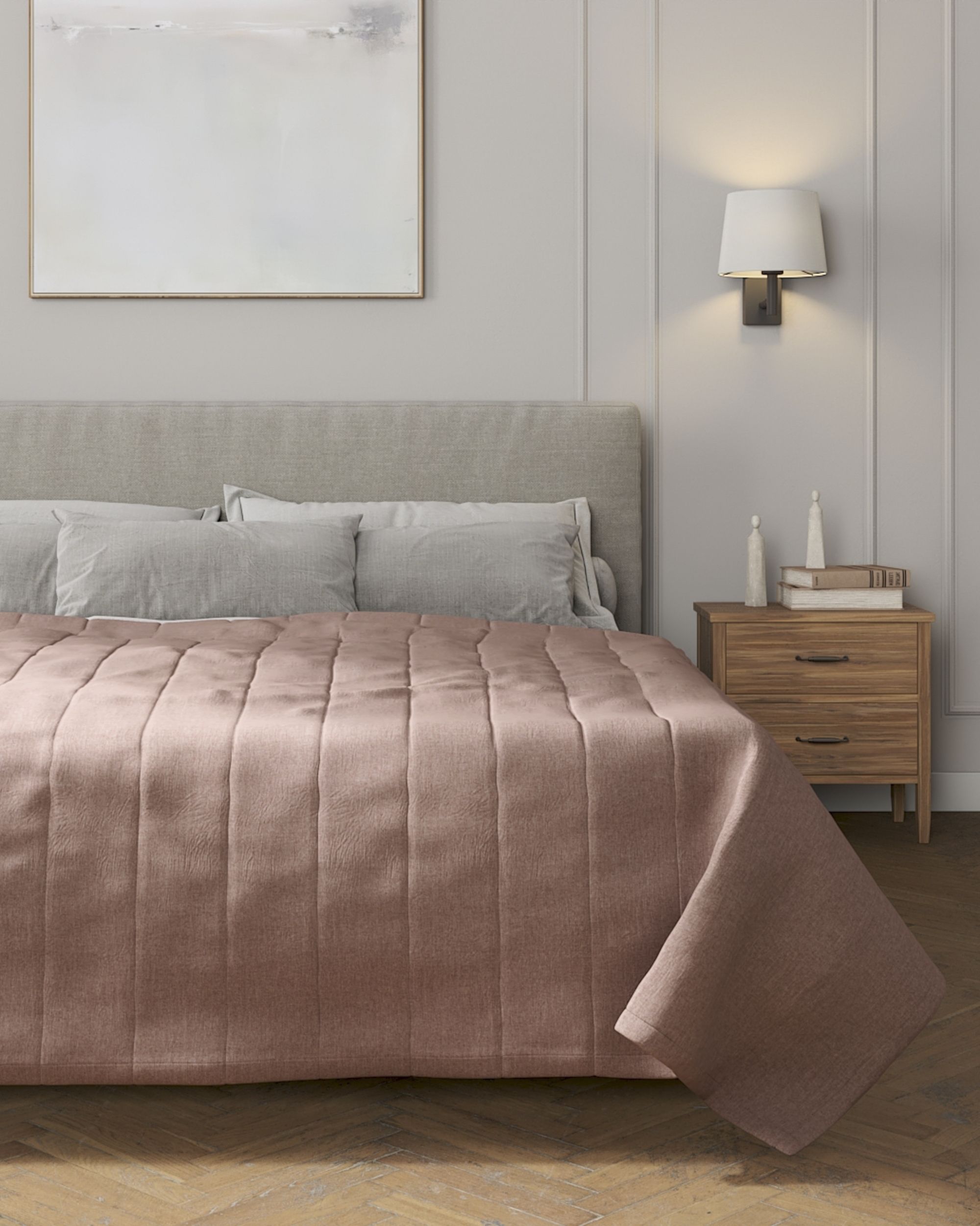 Tagesdecke mit Streifen-Steppung Farbe rosa Stoff strukturiert (hover)
