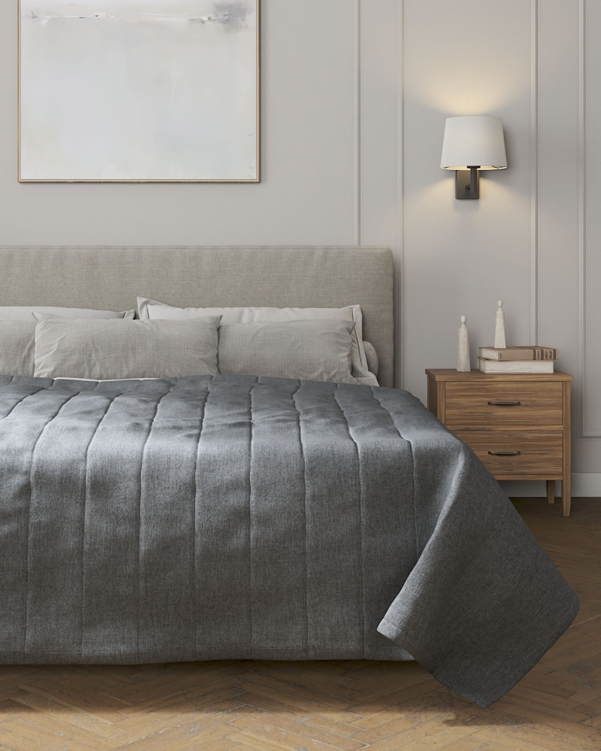 Tagesdecke mit Streifen-Steppung Farbe grau Stoff strukturiert (hover)