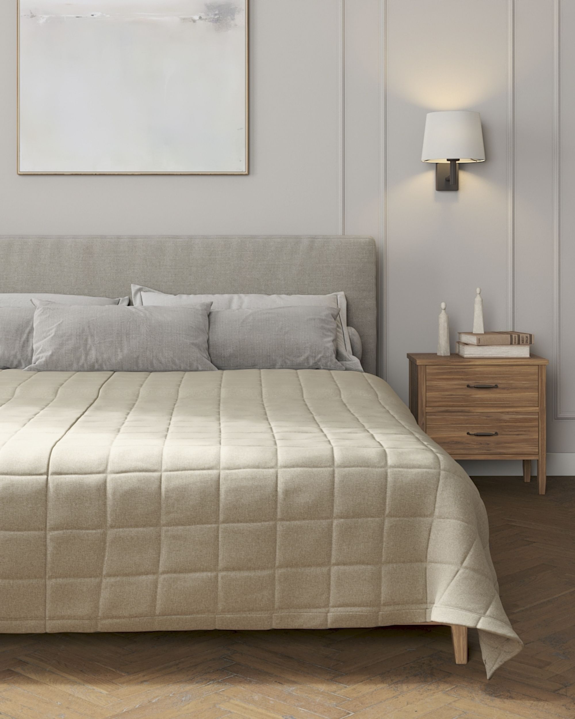 Tagesdecke mit Karosteppung Farbe beige Stoff strukturiert (hover)