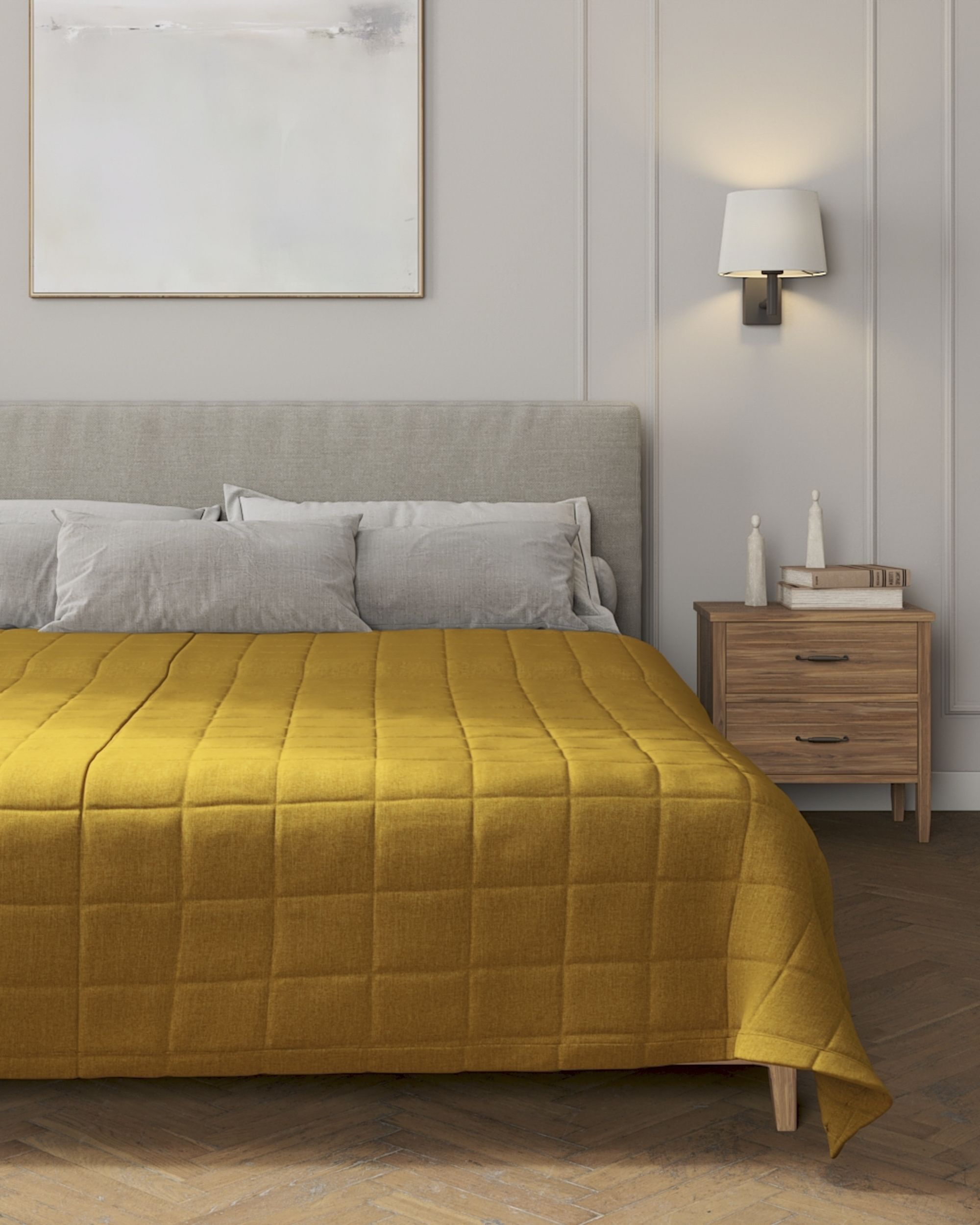 Tagesdecke mit Karosteppung Farbe gelb Stoff strukturiert (hover)