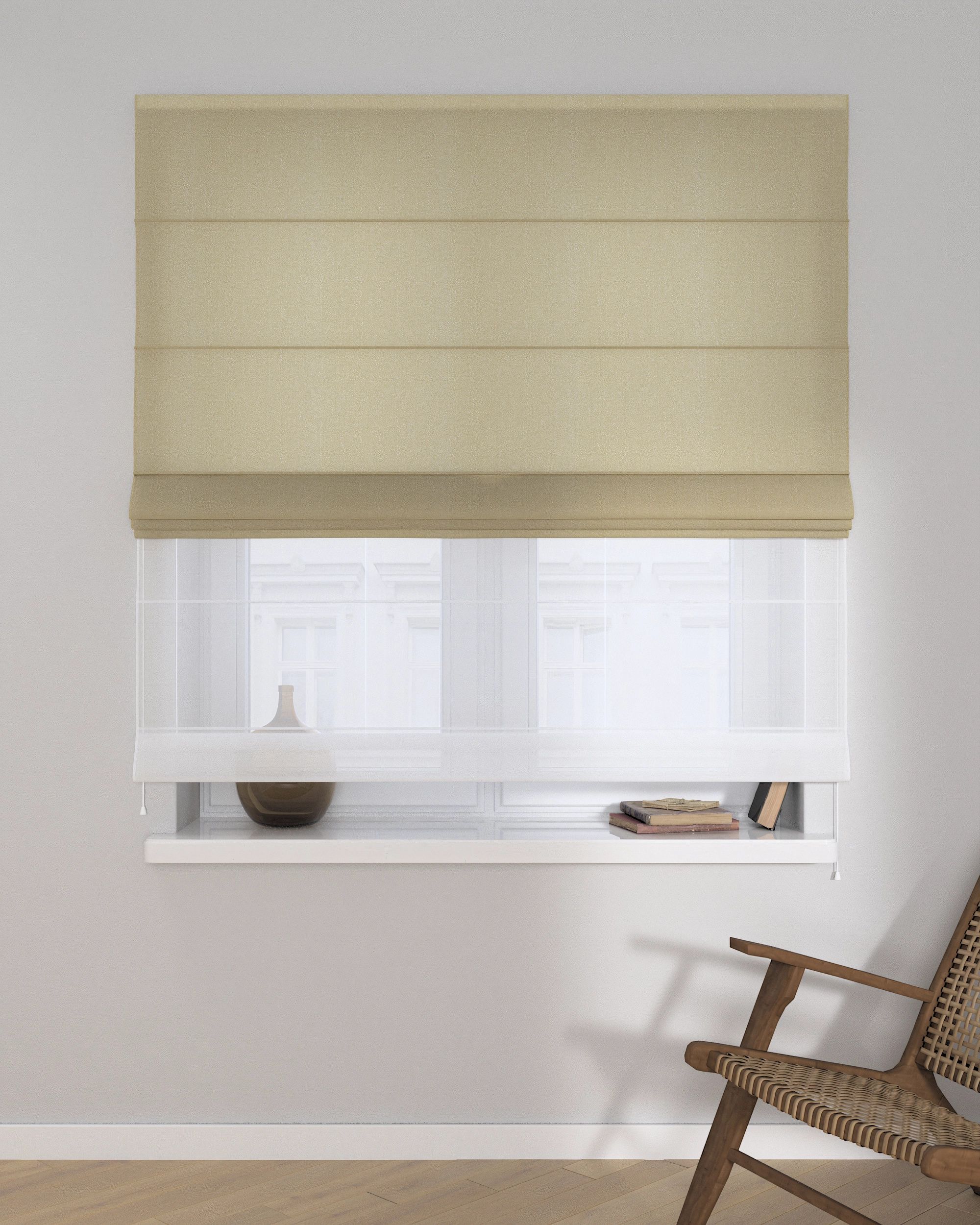 Doppelraffrollo Duo Farbe beige Stoff halbtransparent, glänzend, strukturiert